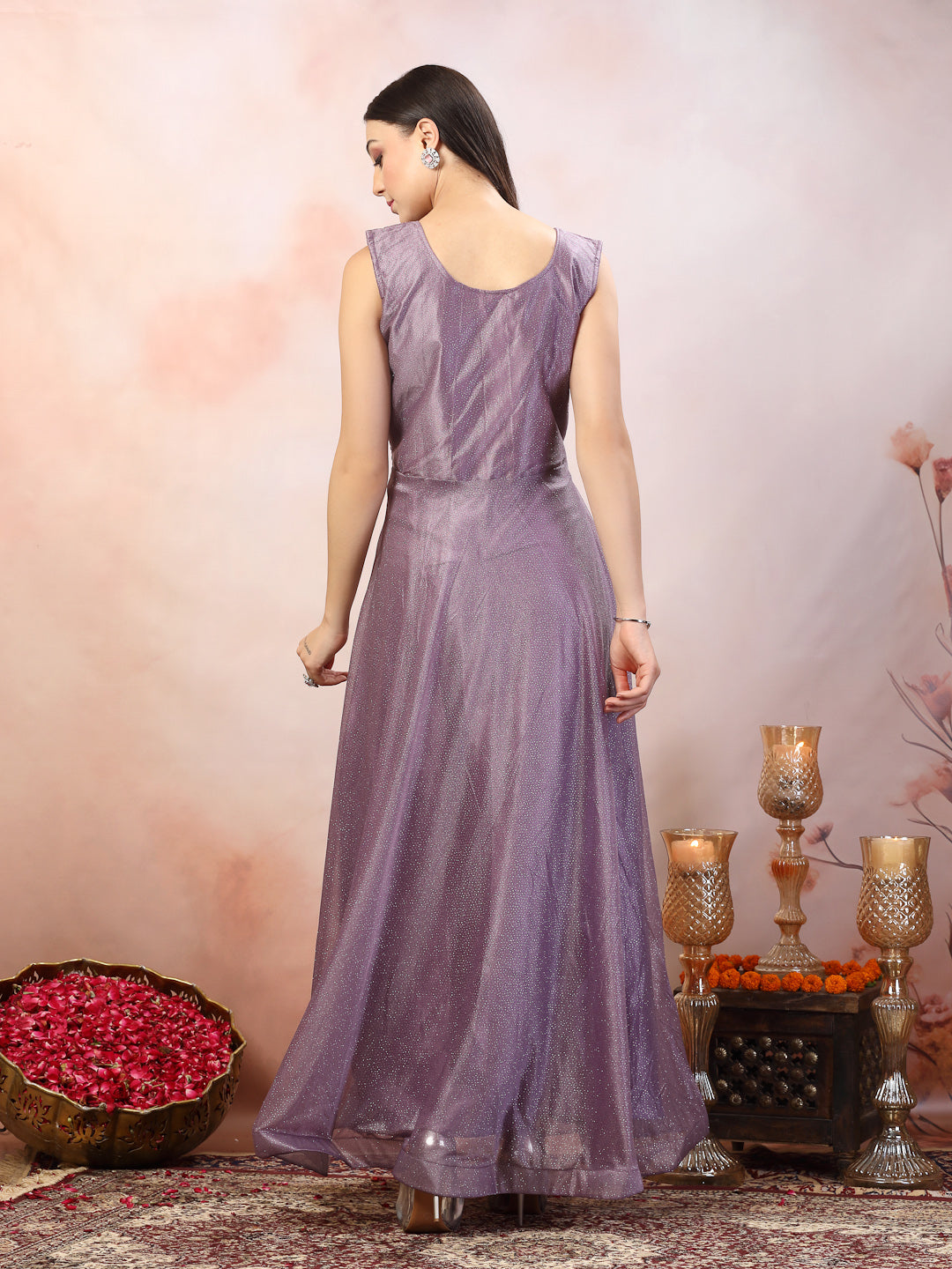 Lavender Party Wear Shimmer Lycra Gown - Image 4