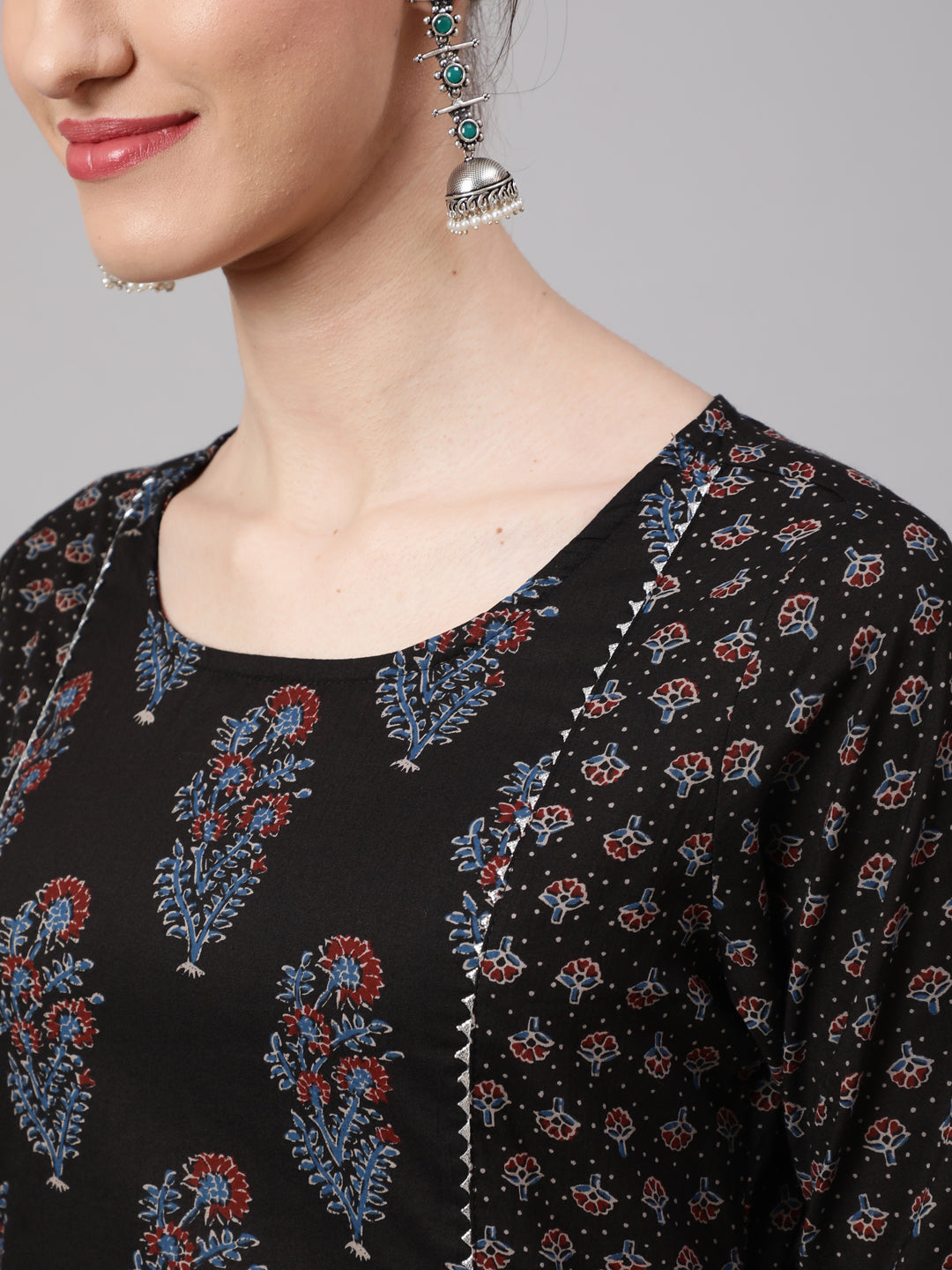 Black Ethnic Printed Kurta With Trouser And Dupatta - Image 4