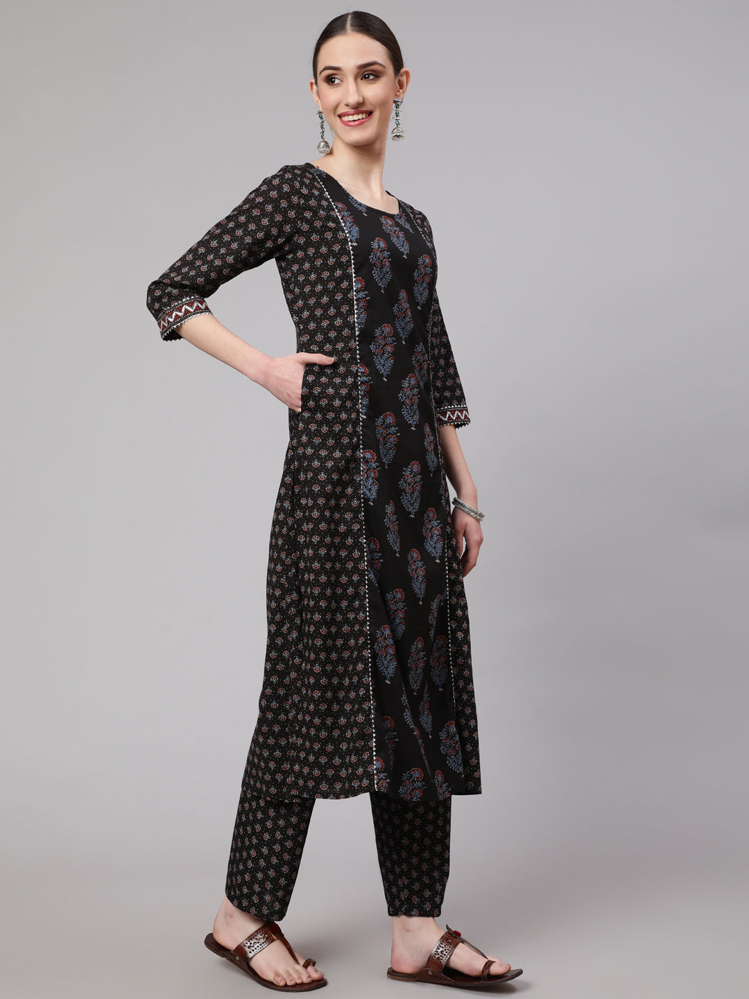 Black Ethnic Printed Kurta With Trouser And Dupatta - Image 7