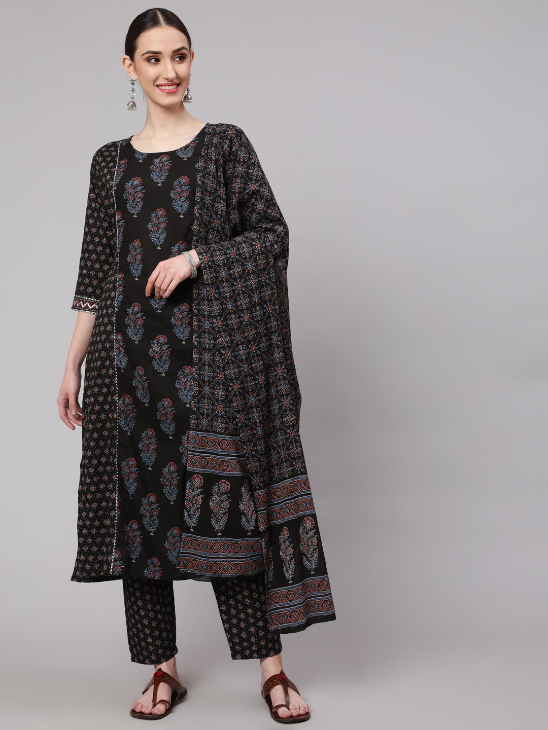 Black Ethnic Printed Kurta With Trouser And Dupatta - Image 8