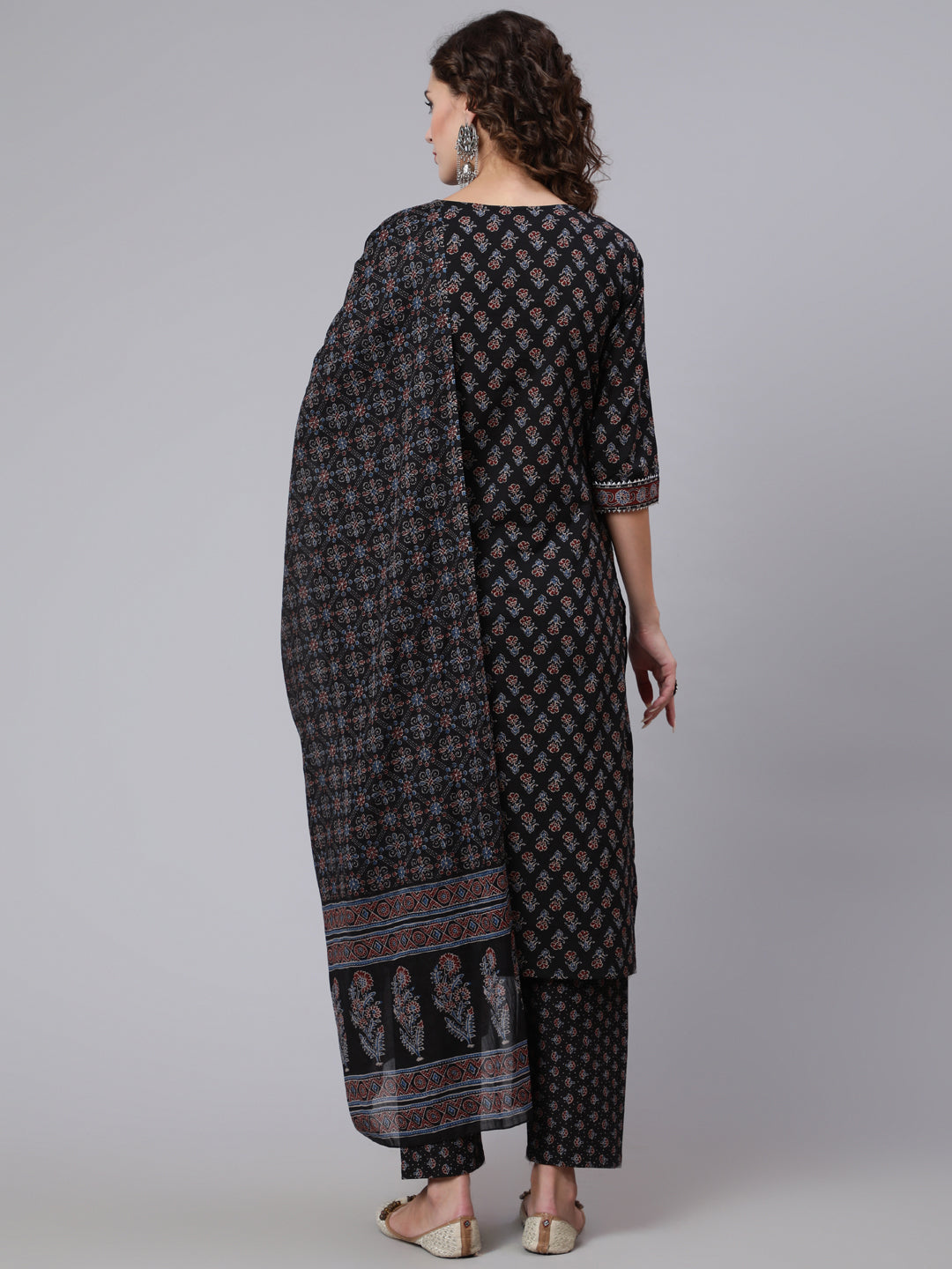 Black Ethnic Printed Kurta With Trouser And Dupatta - Image 3