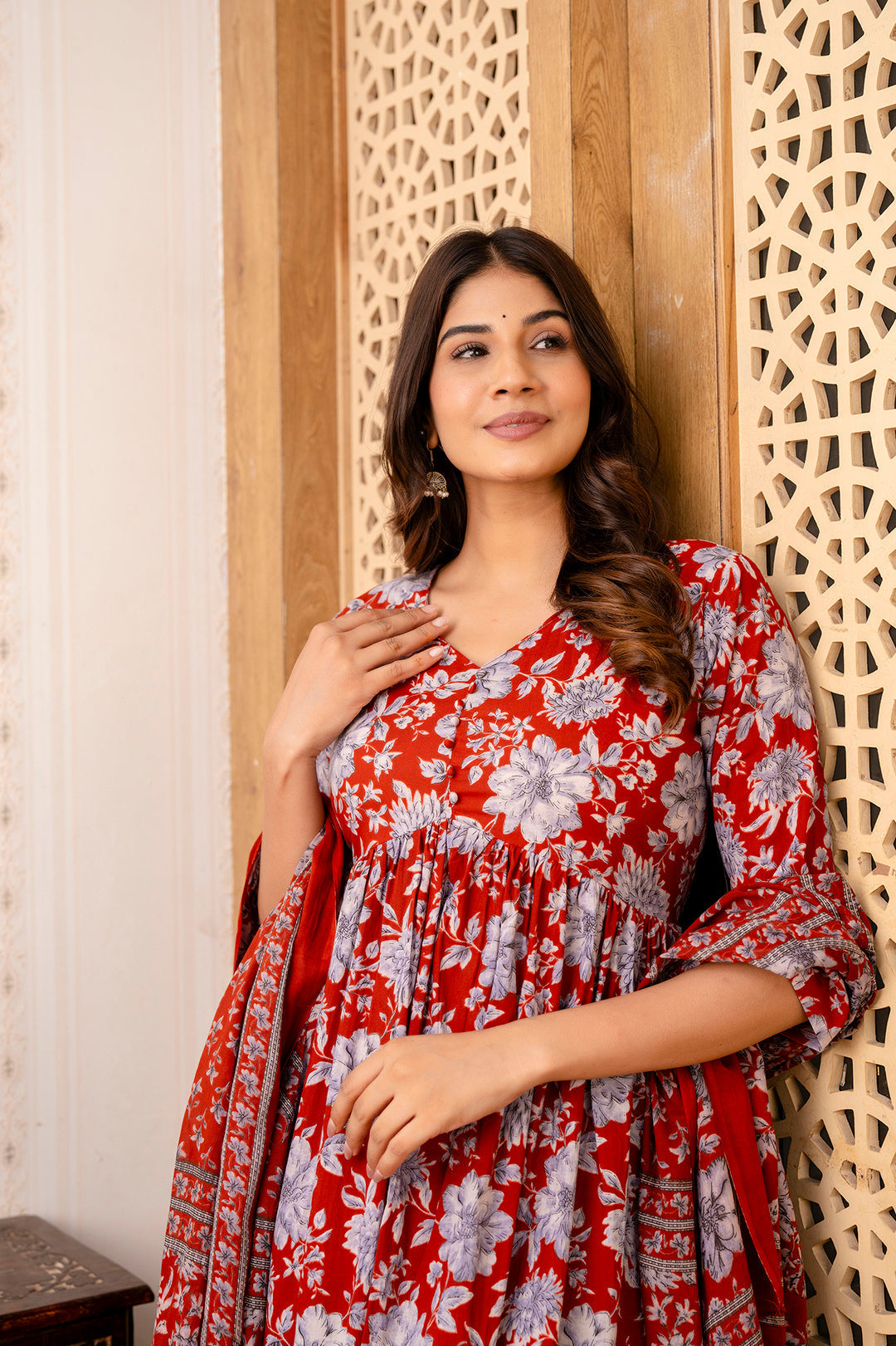 Maroon Floral Printed Anarkali Kurta And Trouser With Dupatta - Image 3