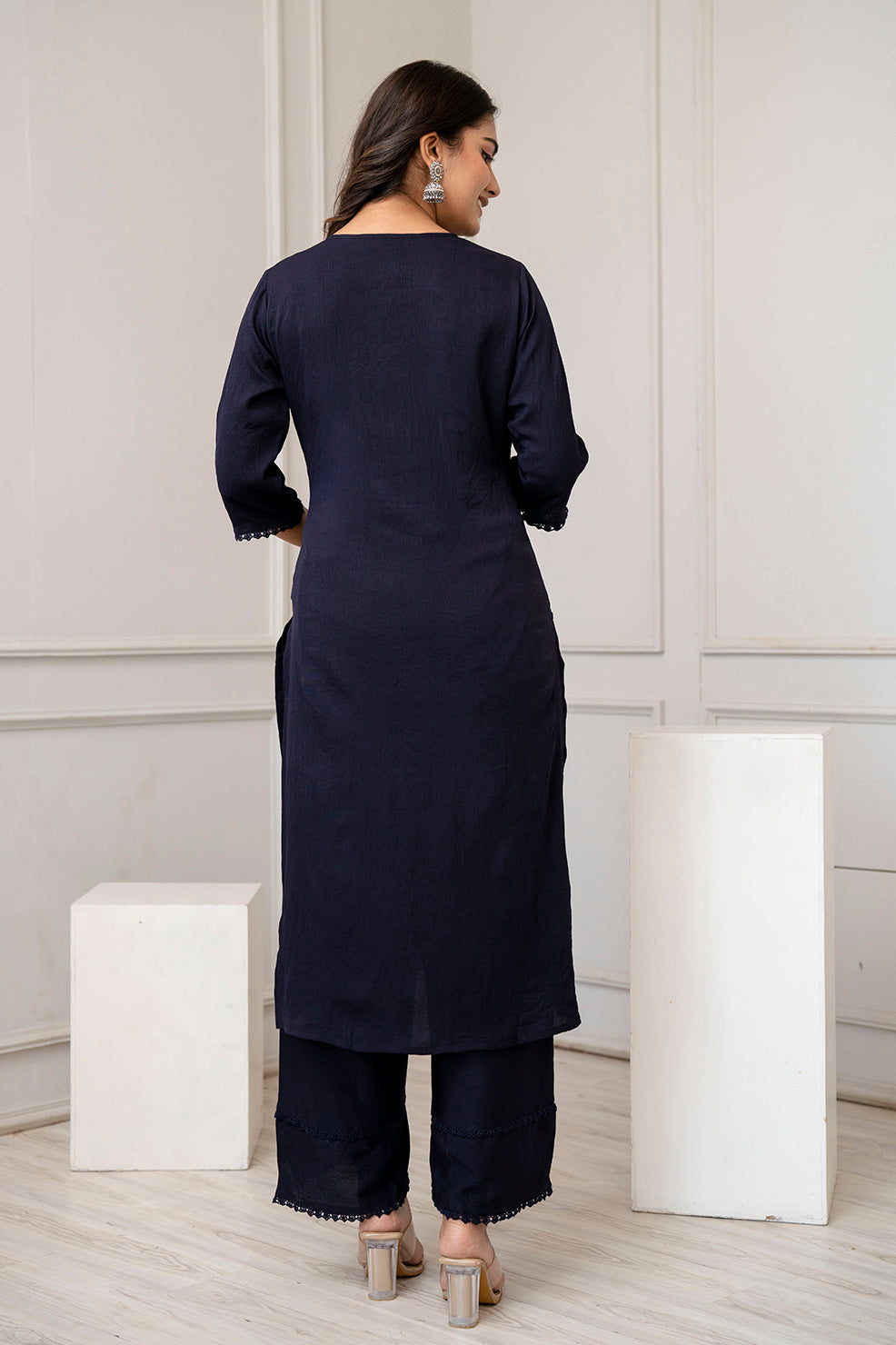 Navy Blue Straight Kurta Set With Printed Dupatta - Image 5