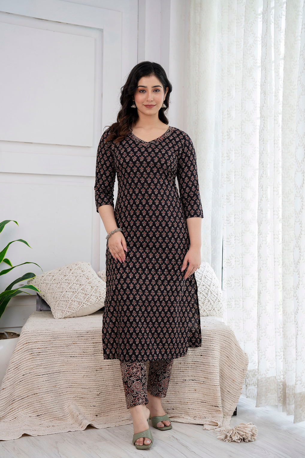 Black Printed Straight Kurta And Trouser With Dupatta - Image 5