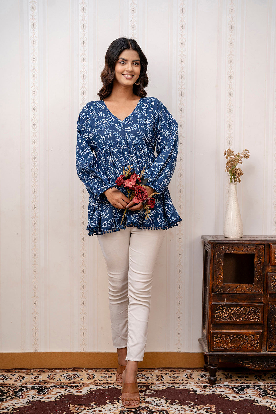 Navy Blue Printed V-Neck Peplum Tunic - Image 2