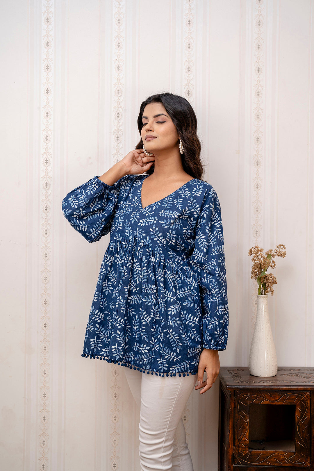 Navy Blue Printed V-Neck Peplum Tunic