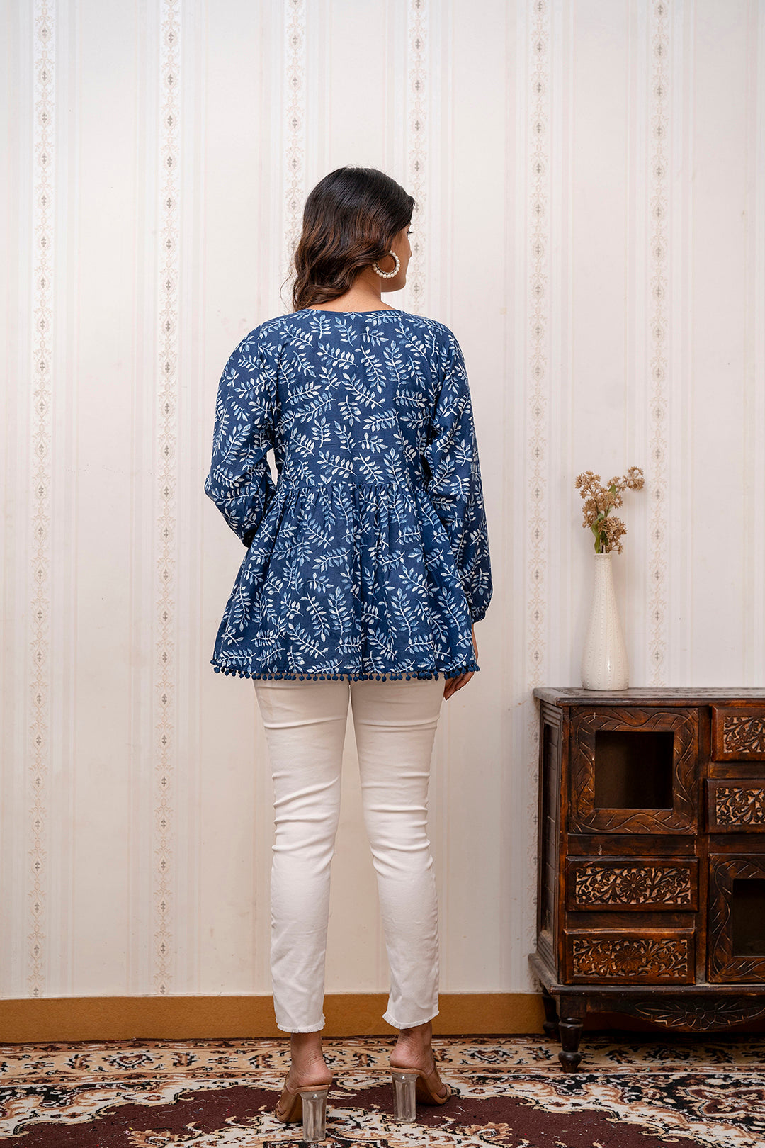 Navy Blue Printed V-Neck Peplum Tunic - Image 4