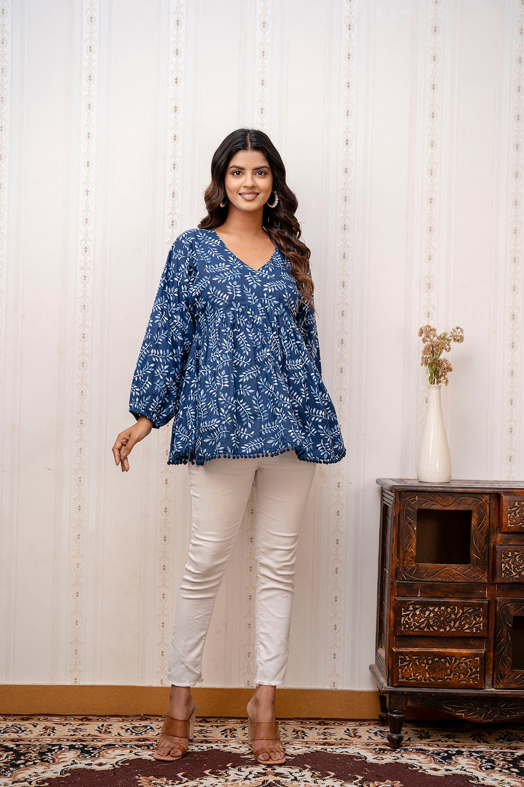 Navy Blue Printed V-Neck Peplum Tunic - Image 5