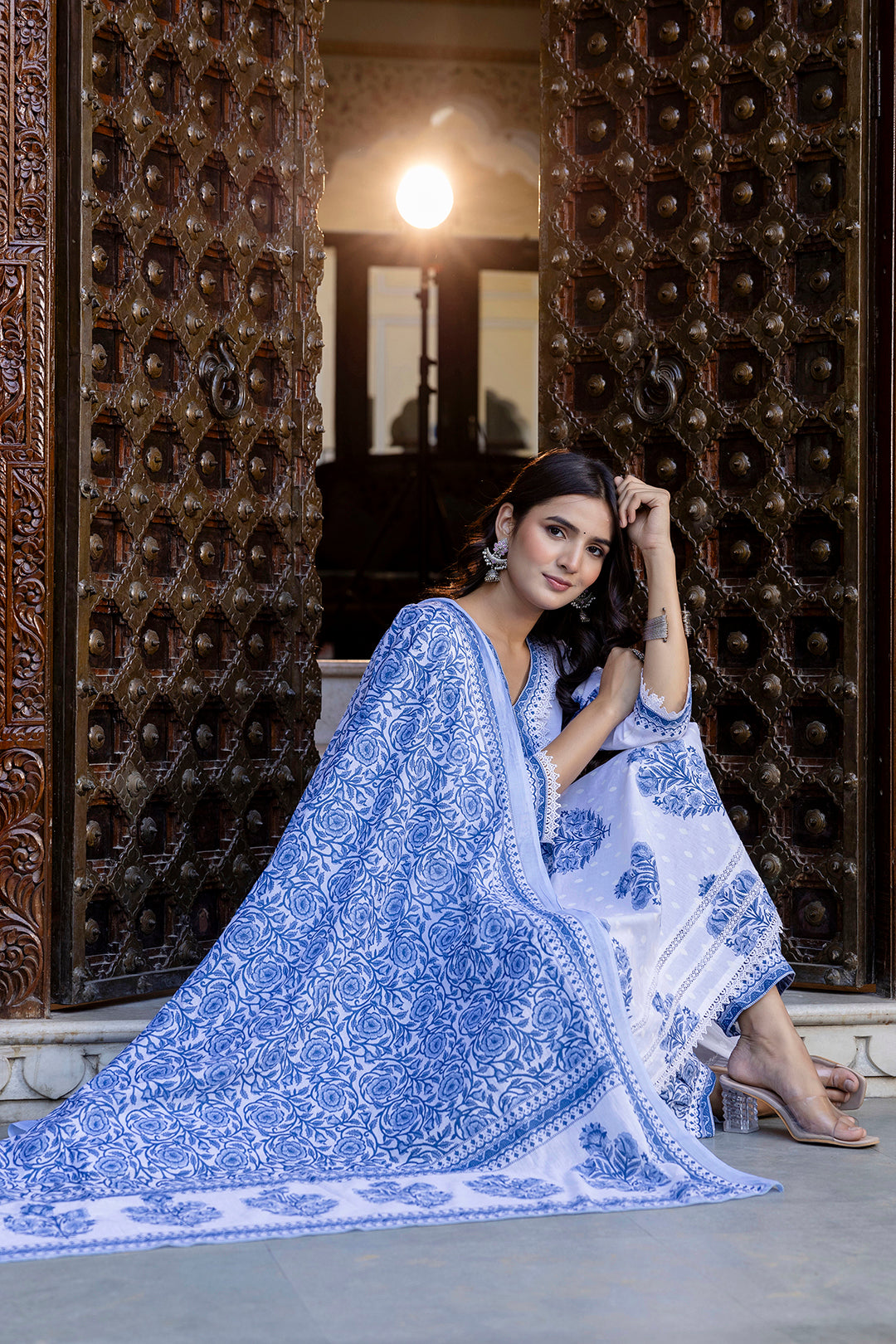 White Printed Straight Kurta Set With Dupatta for Women - Image 2