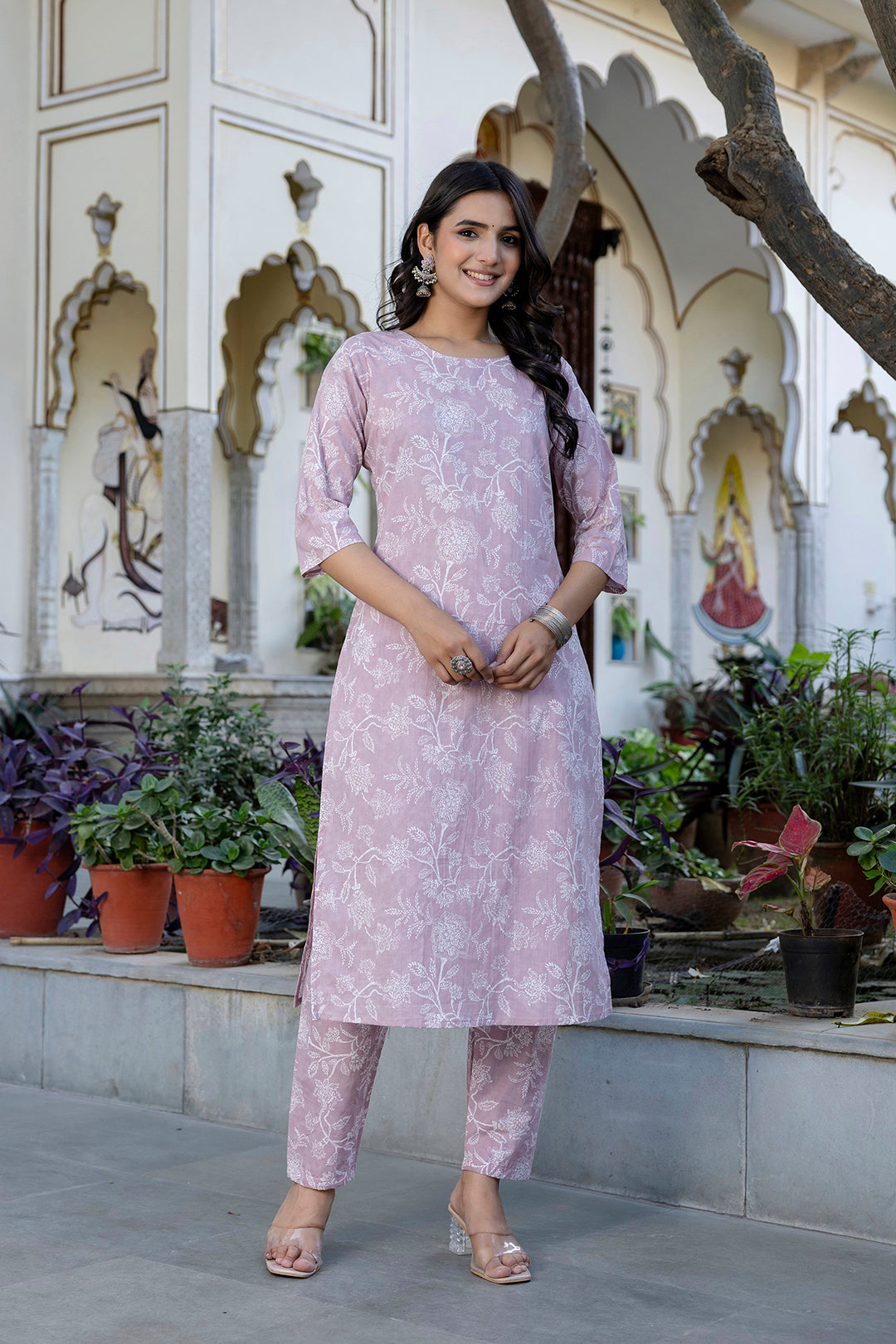 Mauve Printed Straight Kurta Set With Dupatta for Women - Image 4