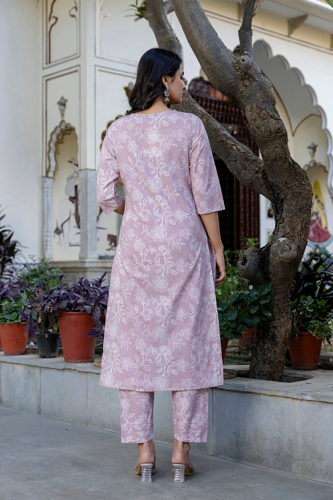 Mauve Printed Straight Kurta Set With Dupatta for Women - Image 5
