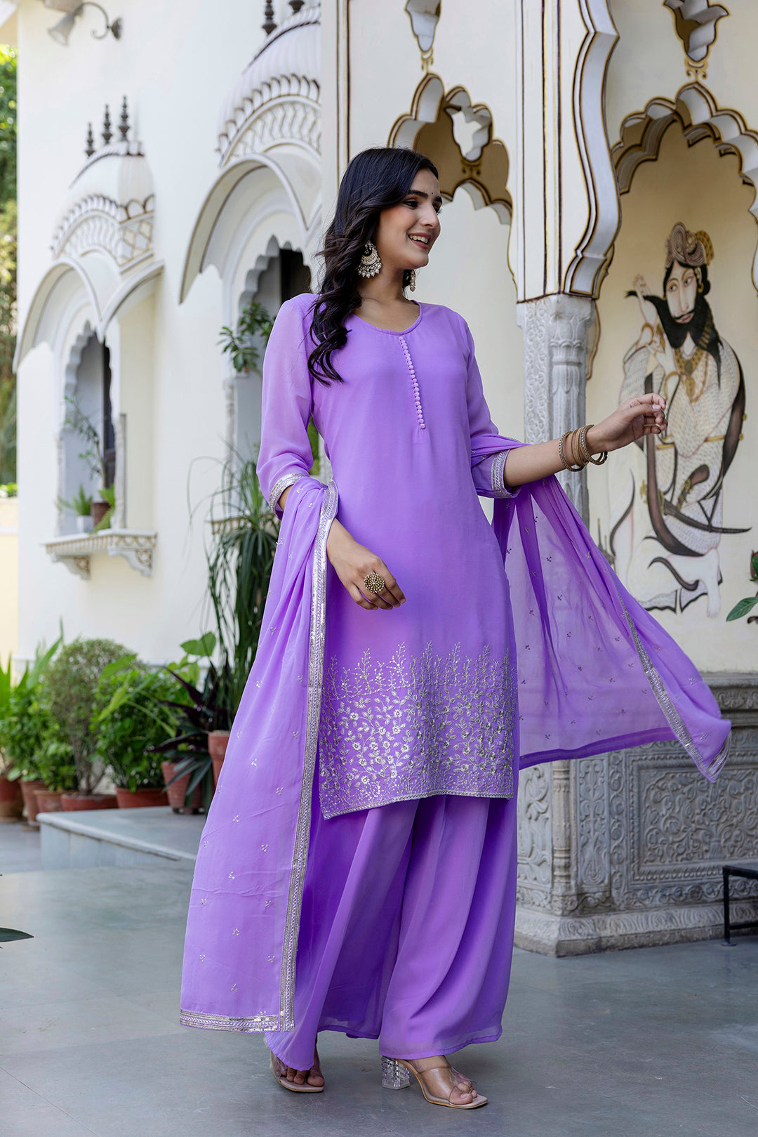 Lavender Embroidered Georgette Kurta & Wide Leg Palazzo With Dupatta for Women - Image 4