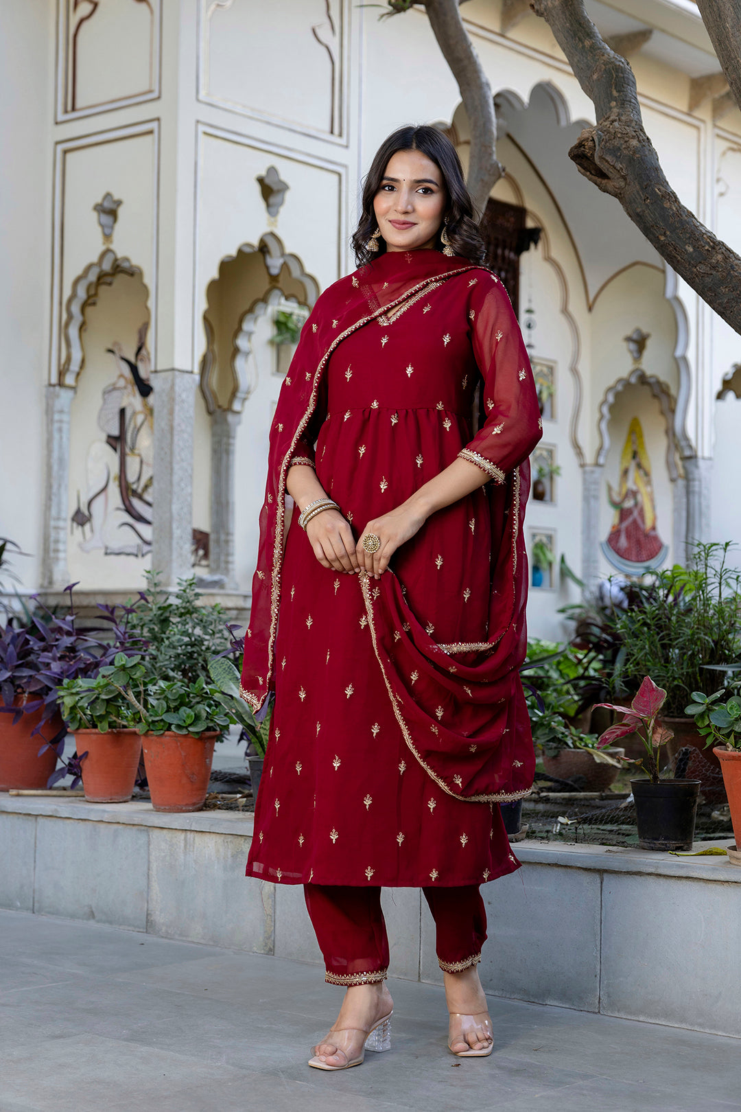Maroon Embroidered Georgette Kurta Set With Dupatta for Women - Image 3