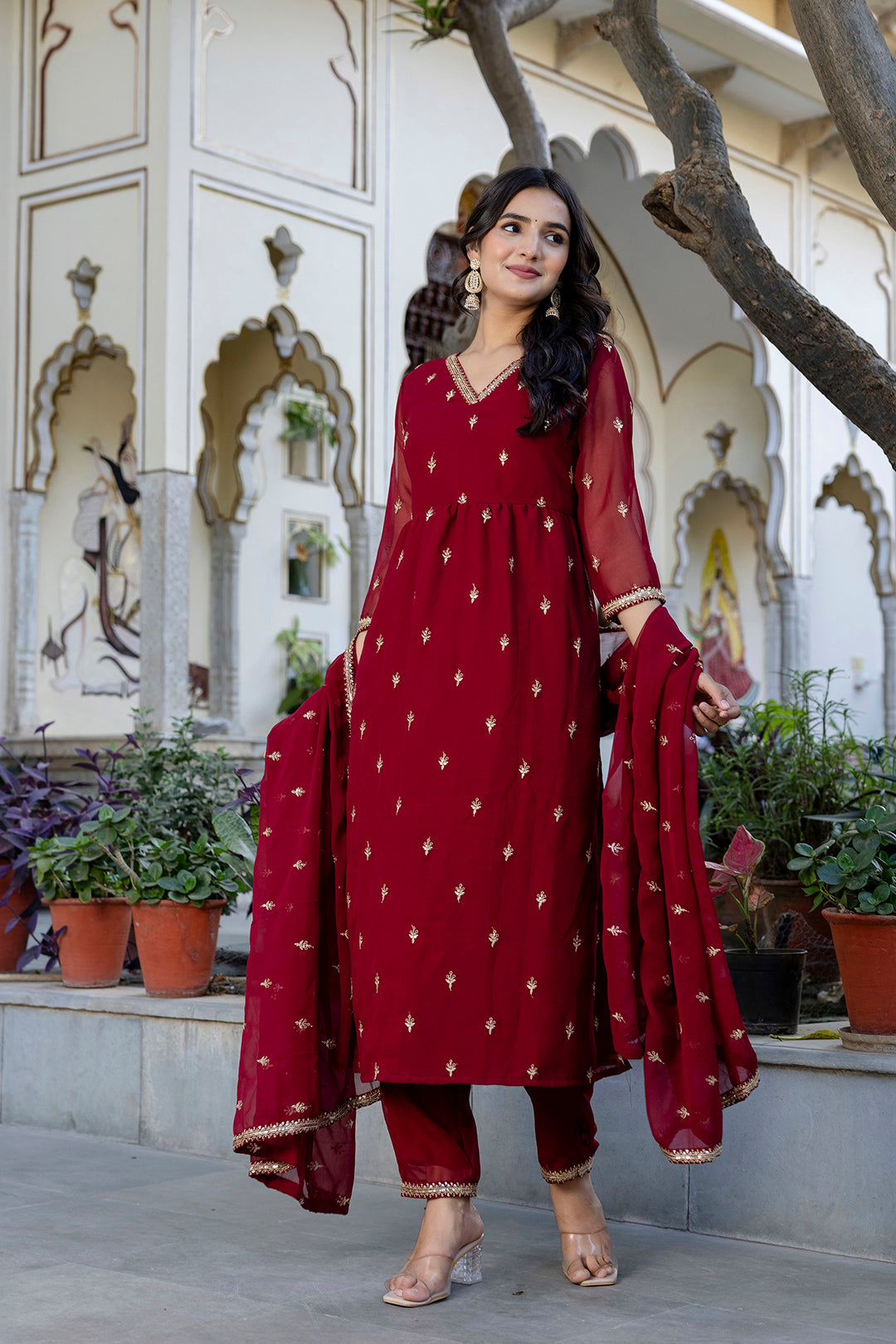 Maroon Embroidered Georgette Kurta Set With Dupatta for Women - Image 4