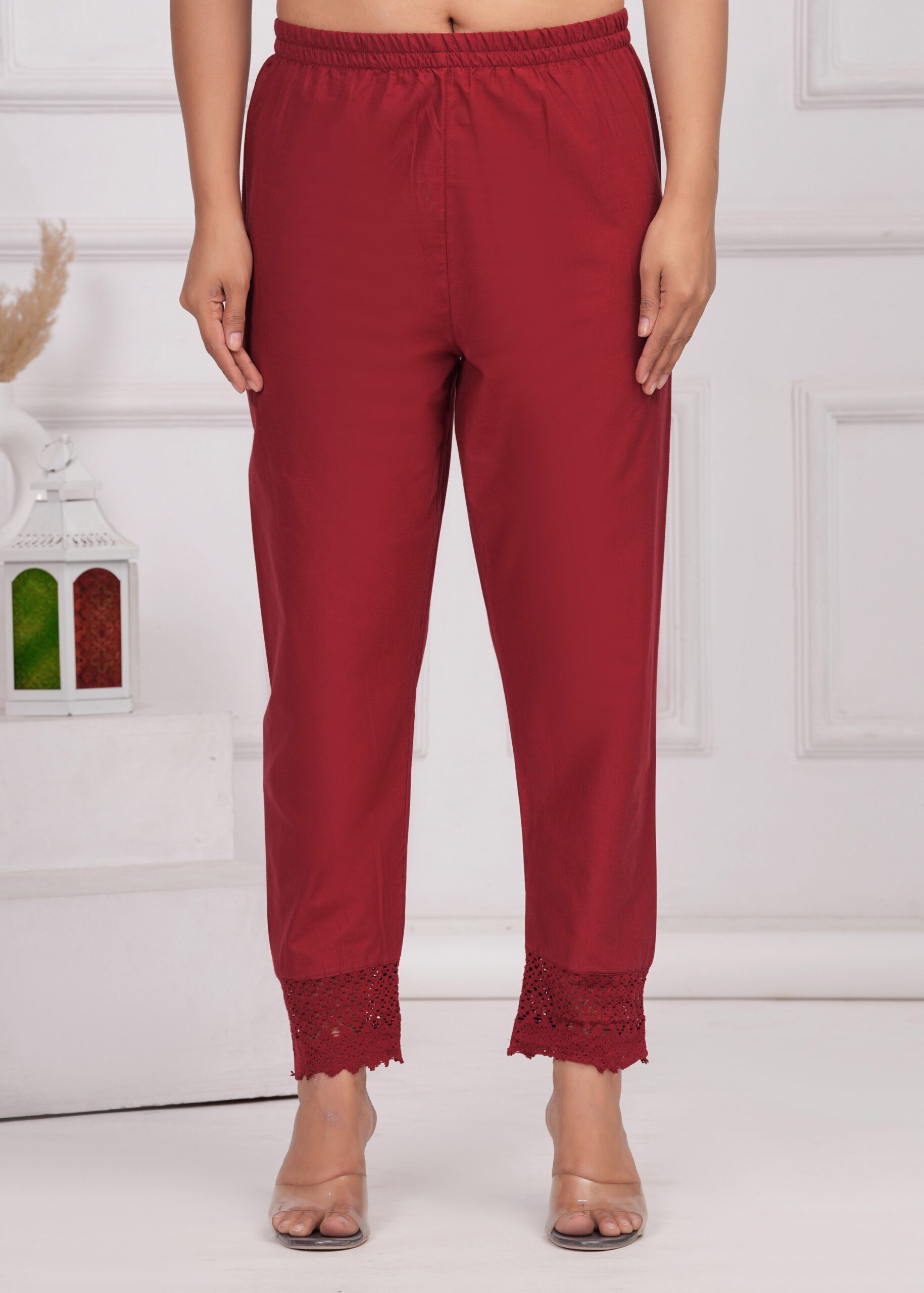 Maroon Solid Palazzo with Lace Detailing - Image 2