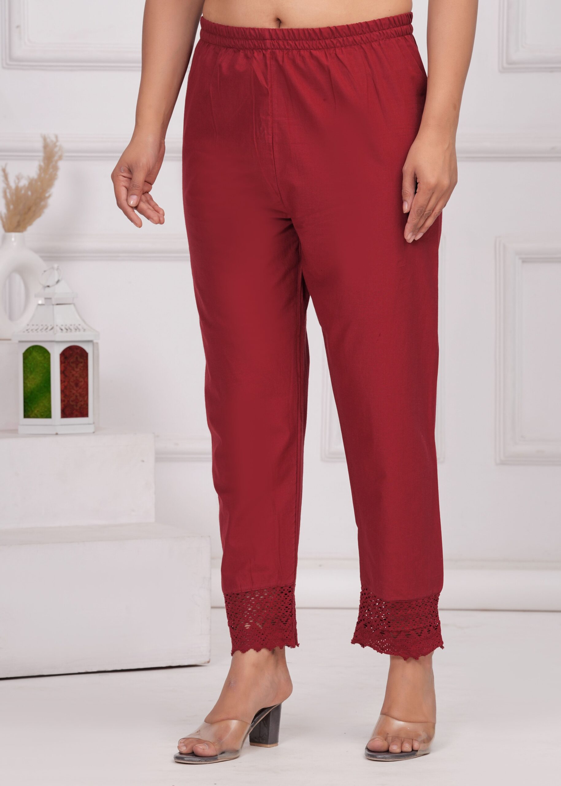 Maroon Solid Palazzo with Lace Detailing - Image 5
