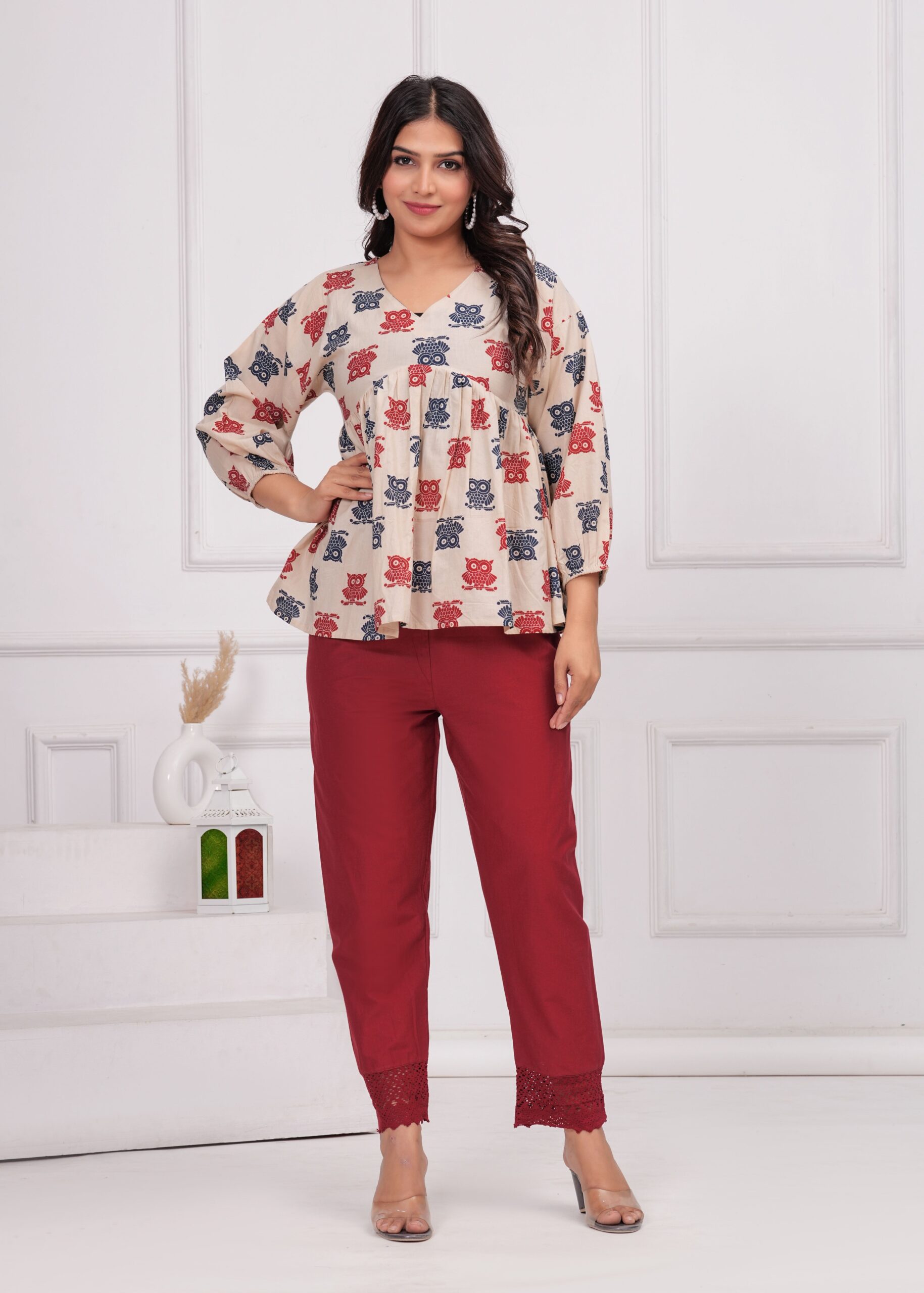 Maroon Solid Palazzo with Lace Detailing - Image 3