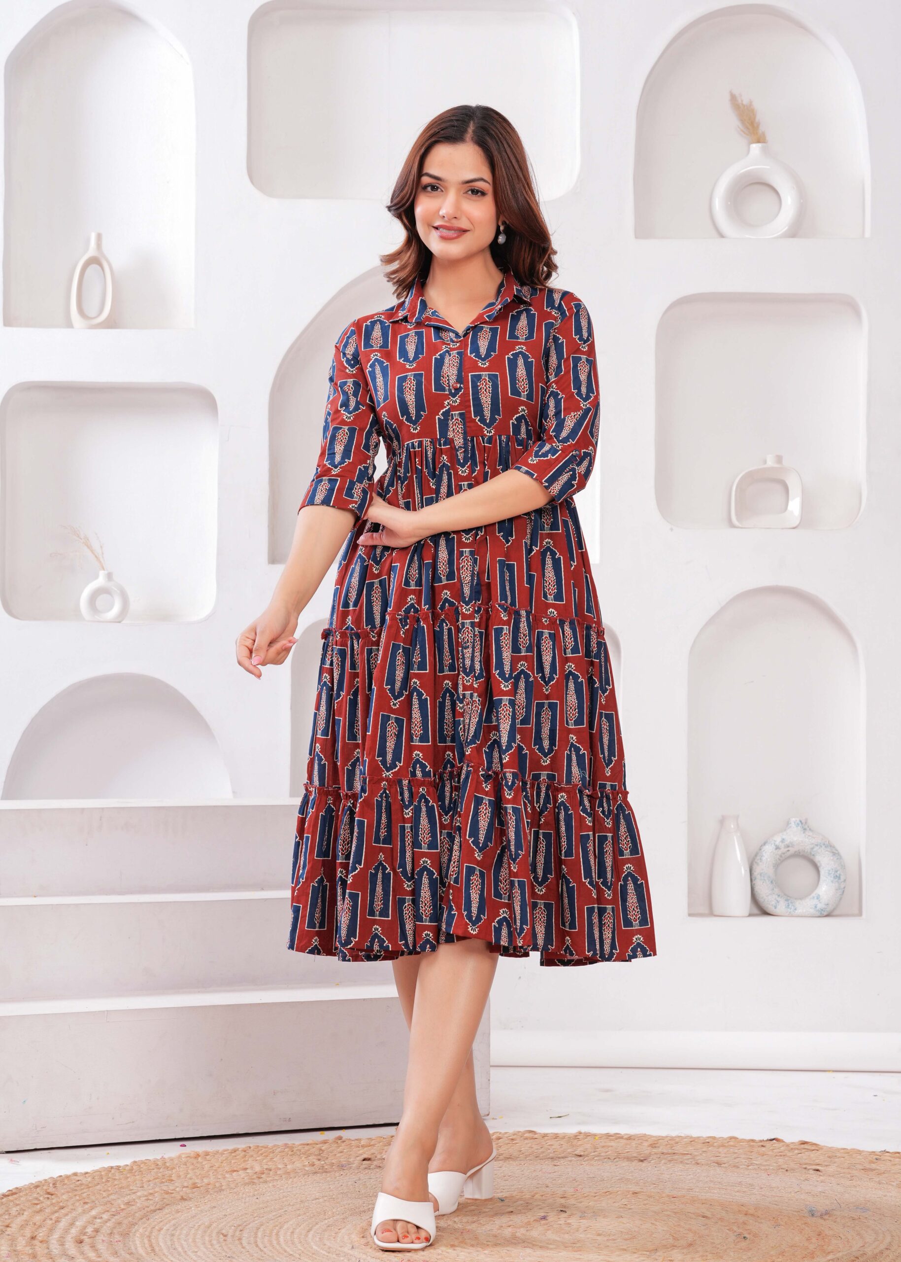 Maroon Ethnic Printed Flared Dress - Image 4