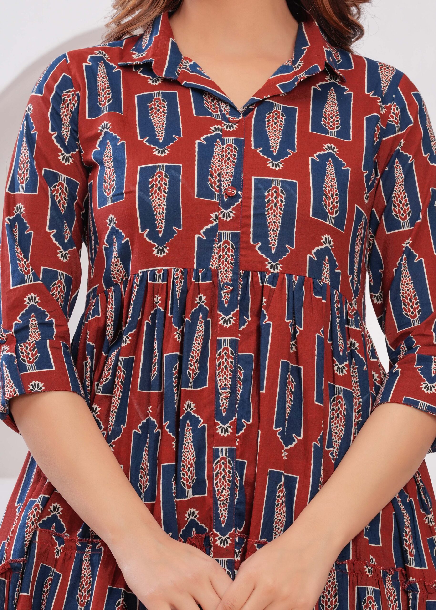 Maroon Ethnic Printed Flared Dress - Image 2
