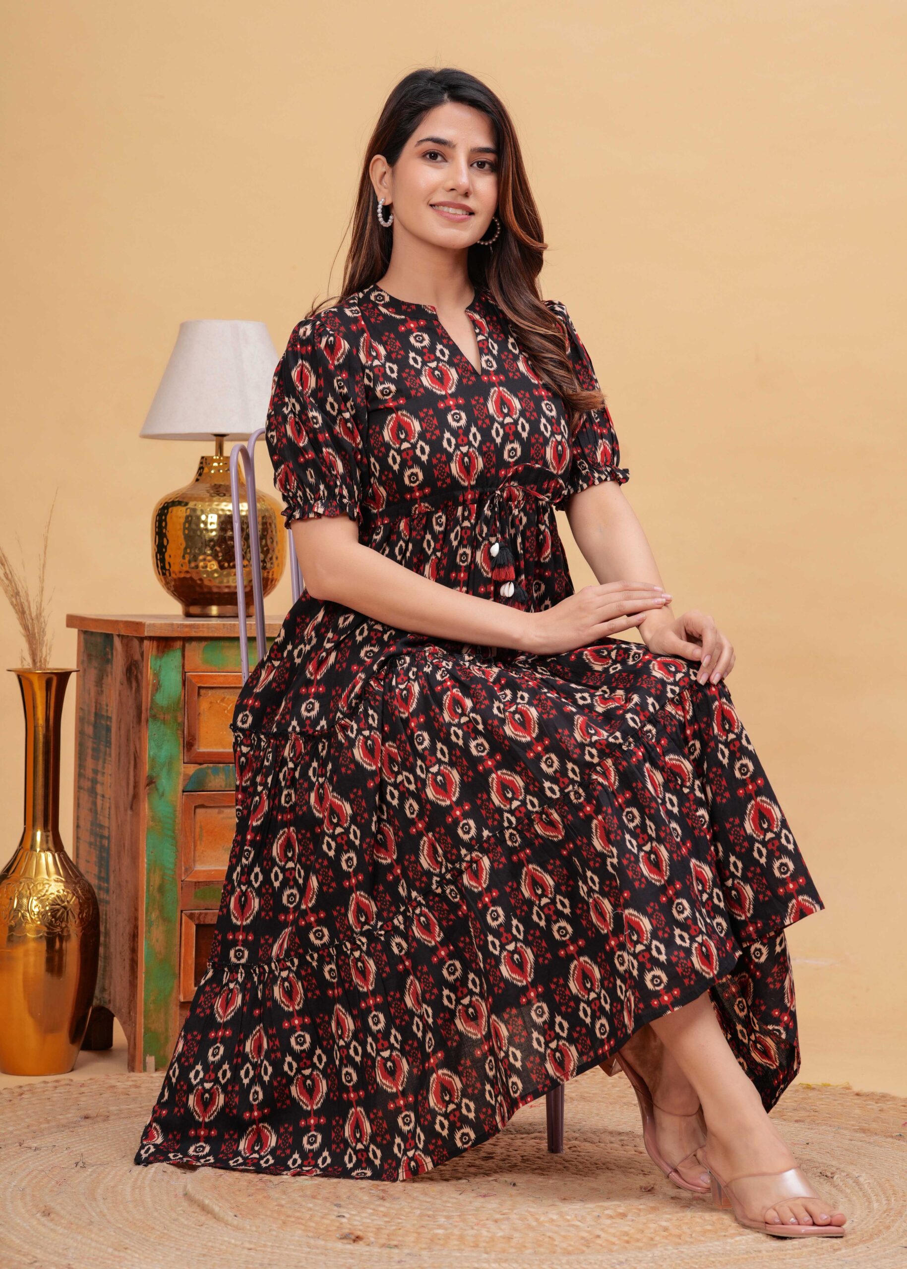 Black Abstract Printed Flared Dress