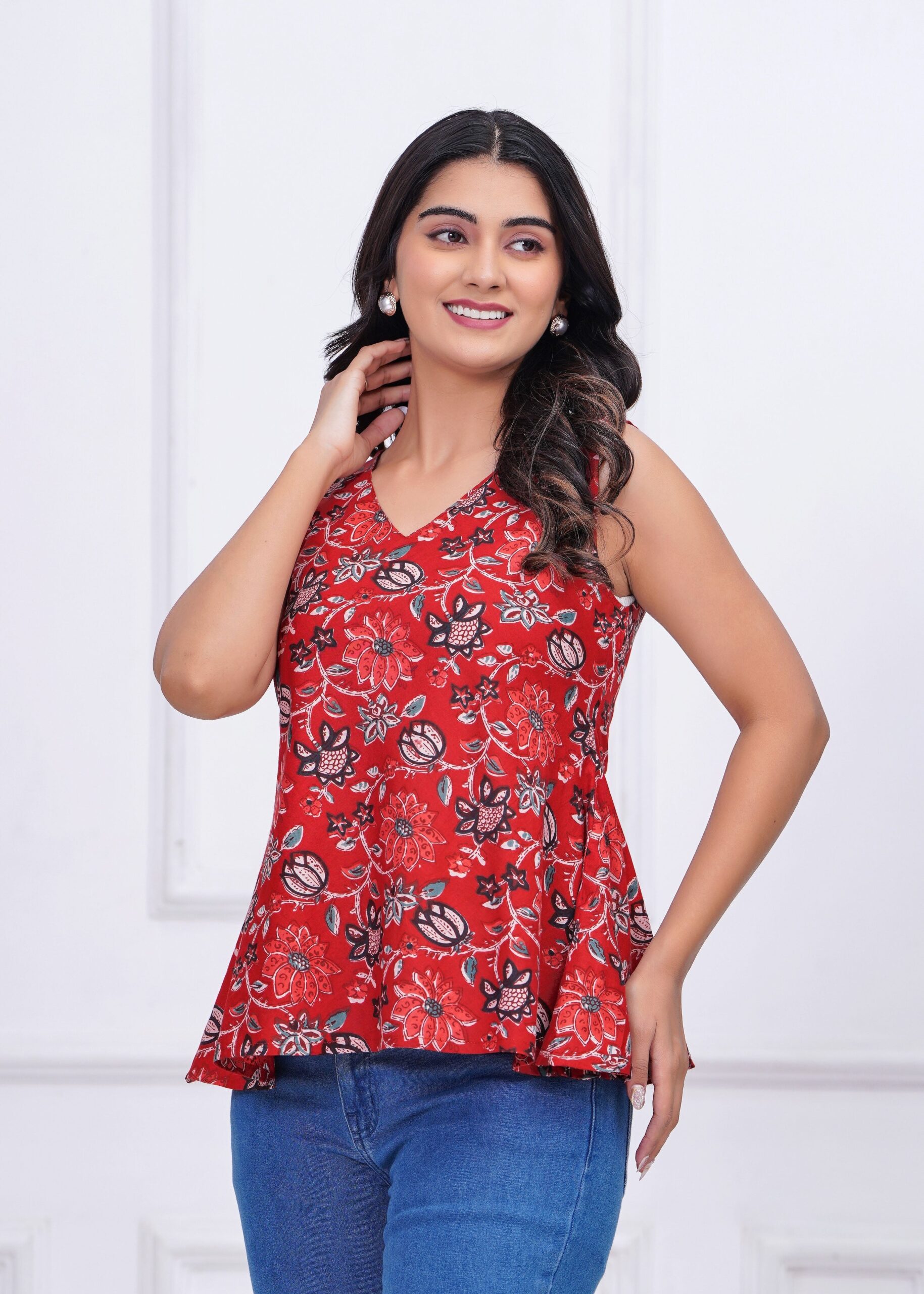 Red Floral Printed Peplum Tunic - Image 3