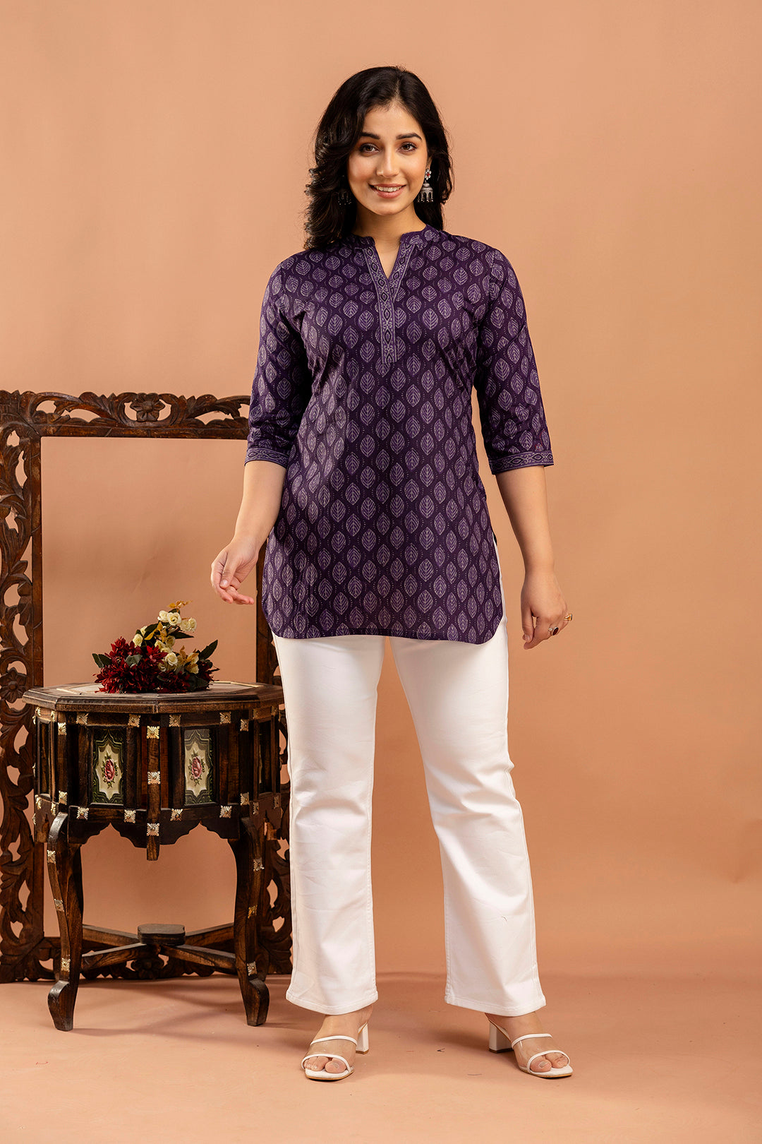 Purple Printed Straight Tunic With Three Quarter Sleeves - Image 2