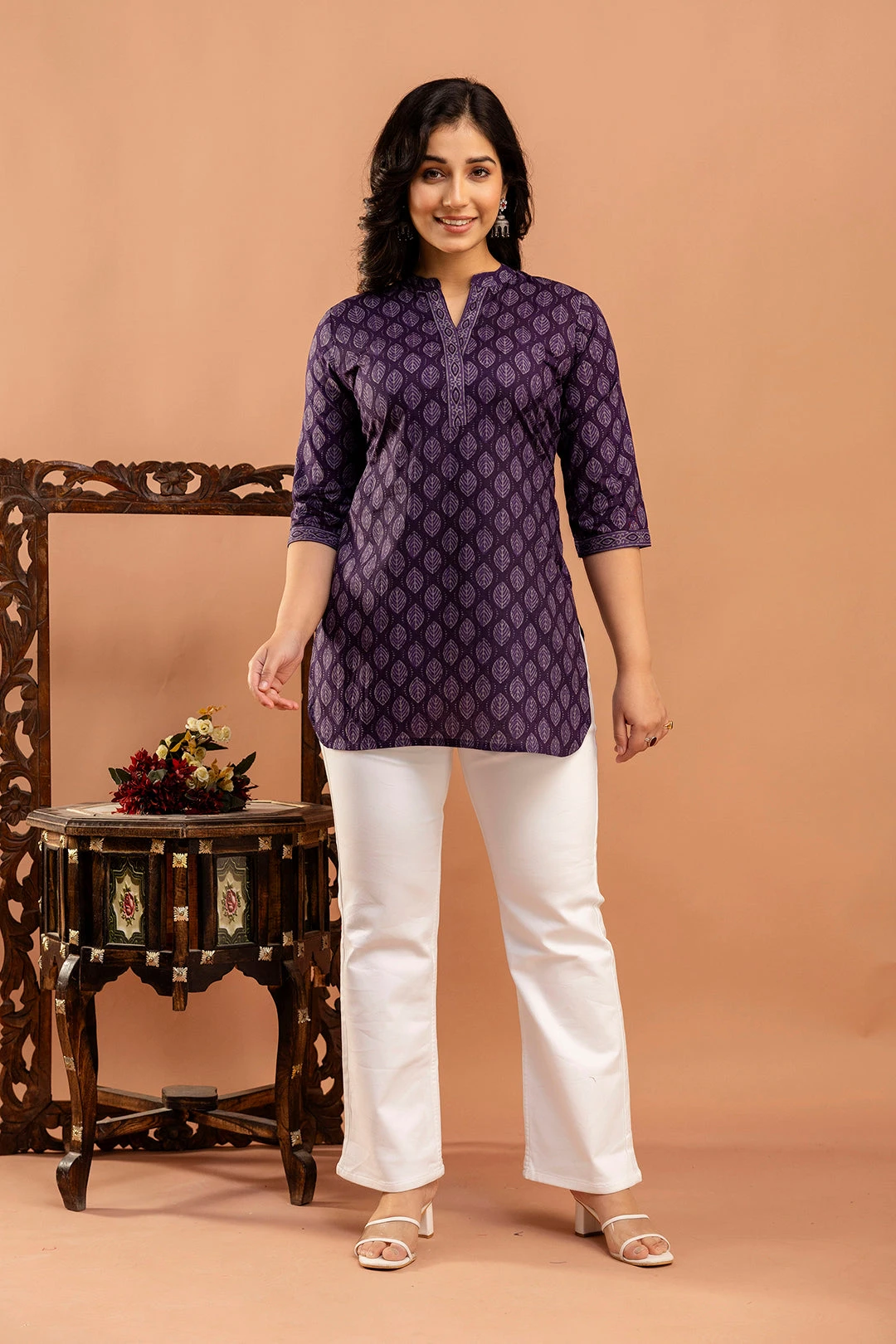 Purple Printed Straight Tunic With Three Quarter Sleeves - Image 2