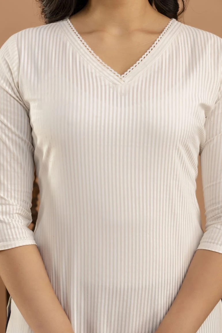 White Striped Straight Kurta with Three Quarter Sleeves - Image 2