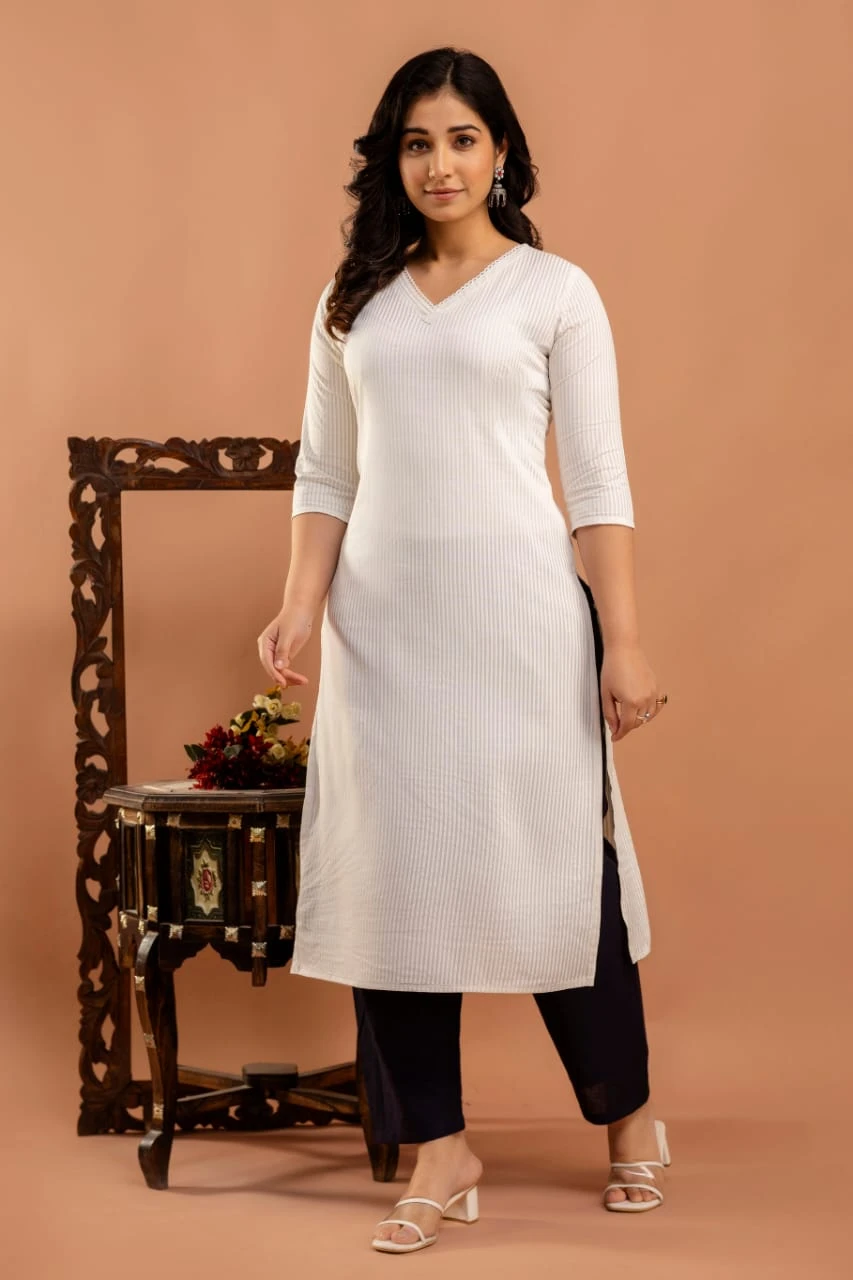 White Striped Straight Kurta with Three Quarter Sleeves - Image 3