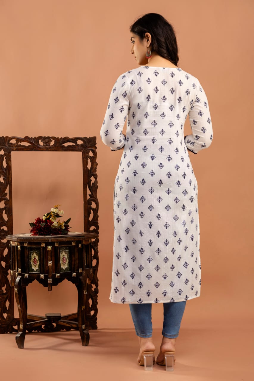 White Ethnic Printed Straight Kurta with Three Quarter Sleeves - Image 5