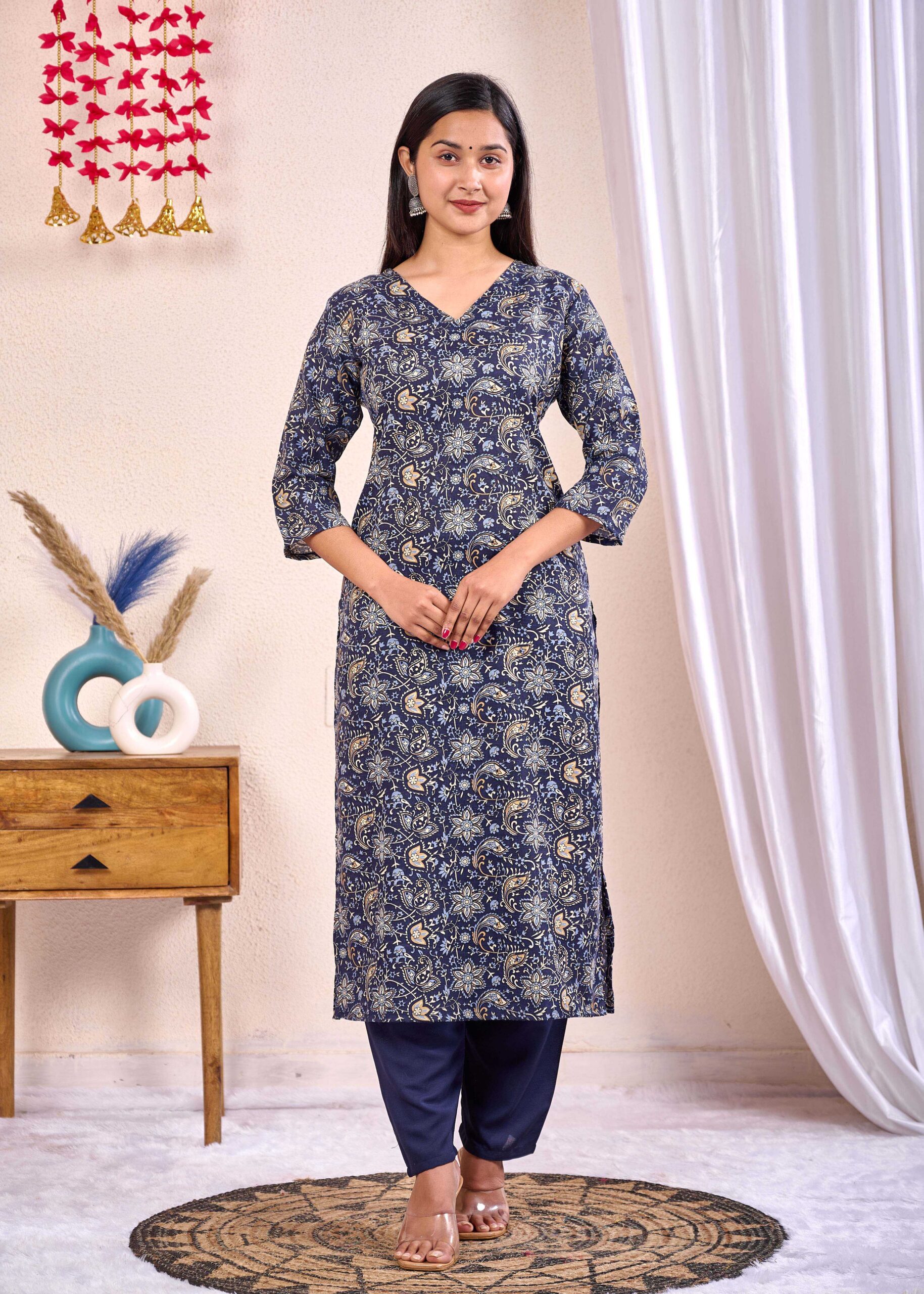 Navy Blue Printed Straight Kurta Set With Dupatta - Image 3