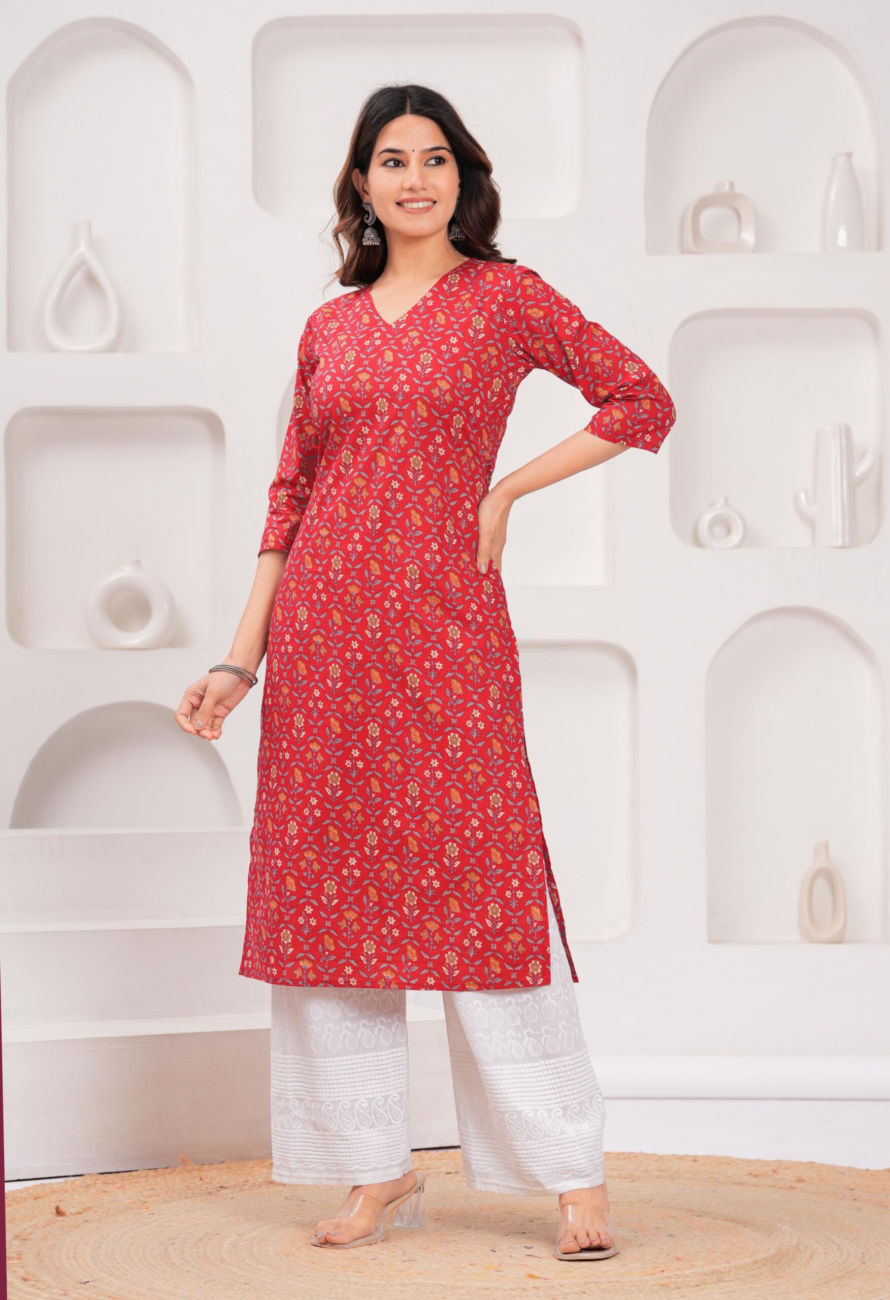 Red Printed Straight Kurta with Three Quarter Sleeves - Image 3