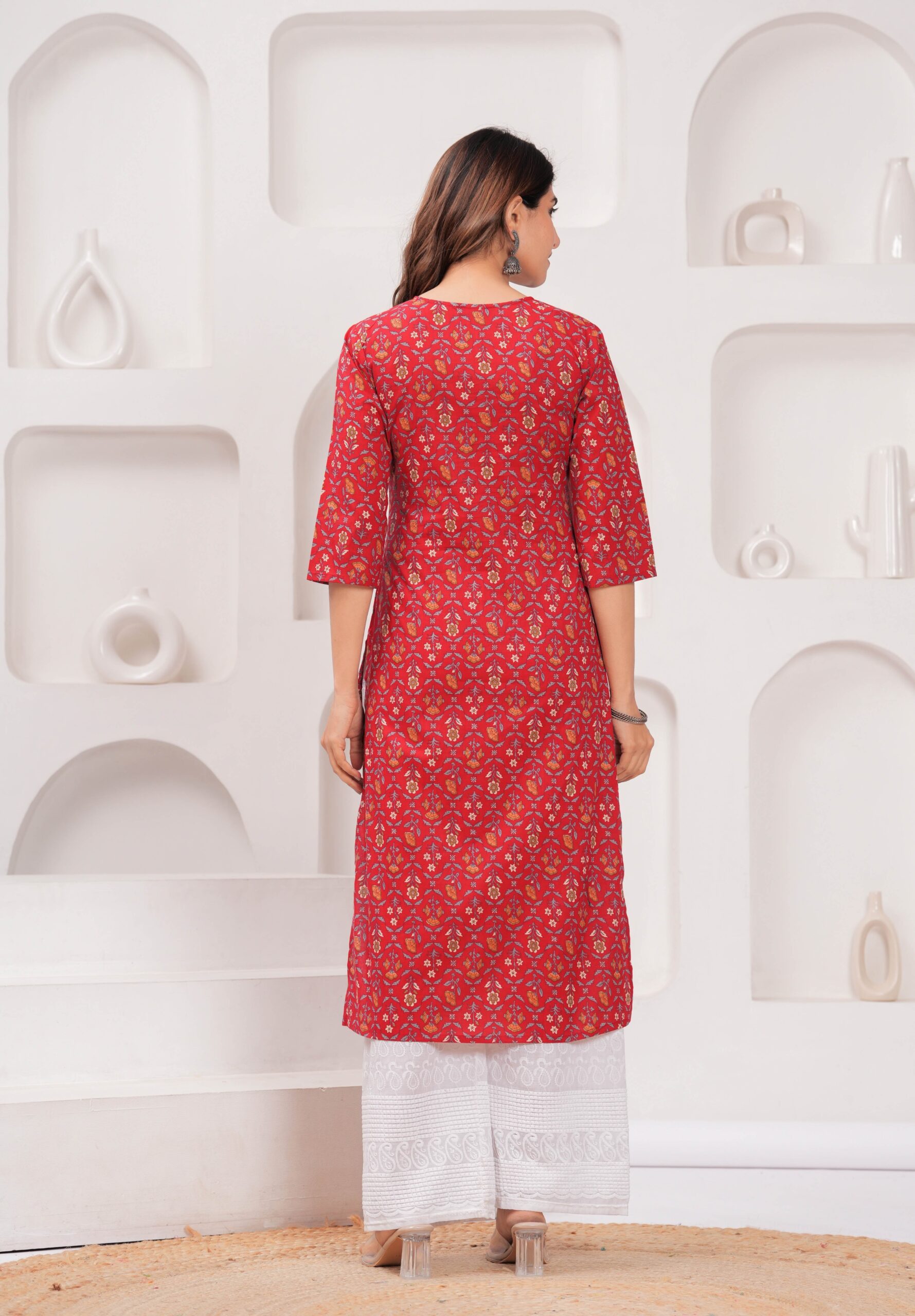 Red Printed Straight Kurta with Three Quarter Sleeves - Image 5
