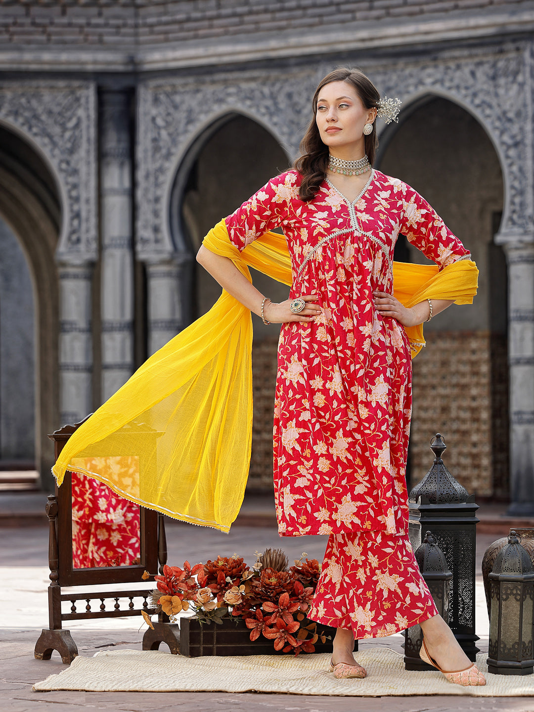 Floral Printed Cotton Pleated Kurta Palazzo Dupatta Set - Image 3