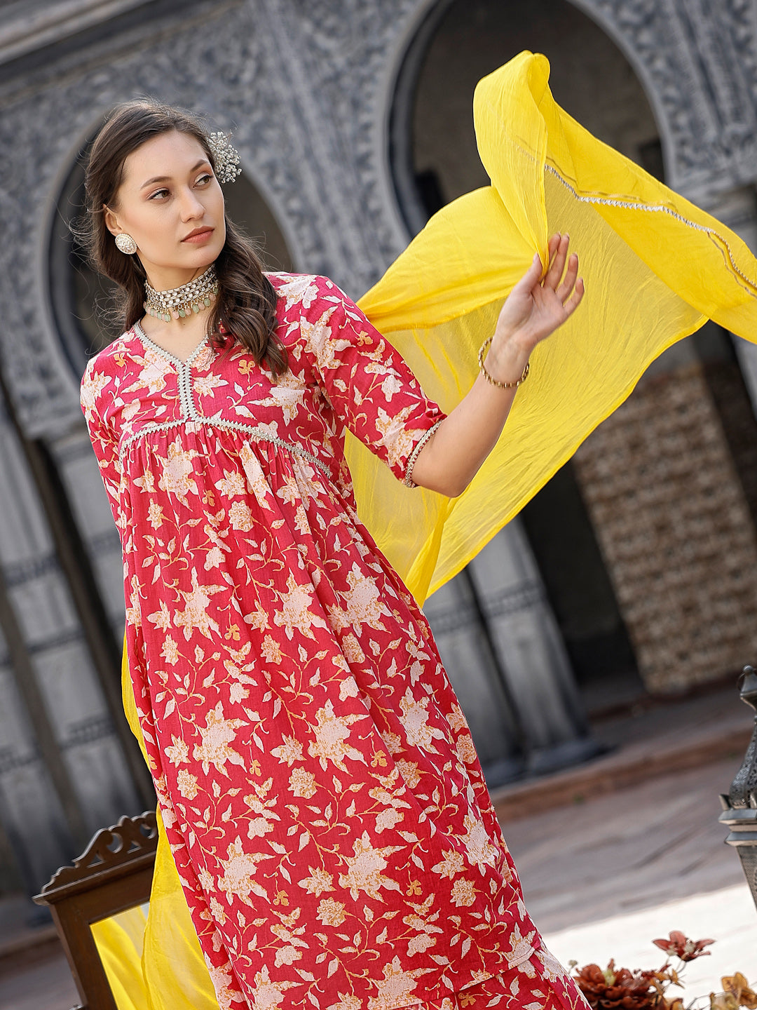 Floral Printed Cotton Pleated Kurta Palazzo Dupatta Set - Image 4