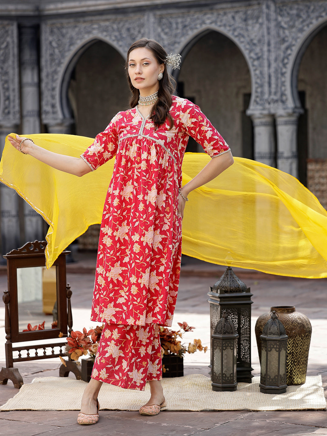 Floral Printed Cotton Pleated Kurta Palazzo Dupatta Set - Image 5