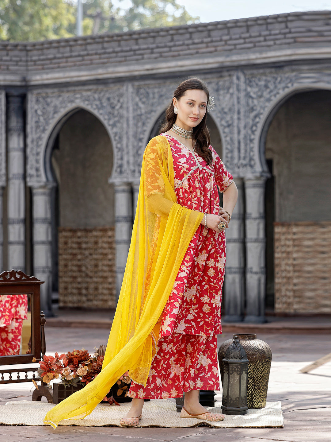 Floral Printed Cotton Pleated Kurta Palazzo Dupatta Set - Image 6
