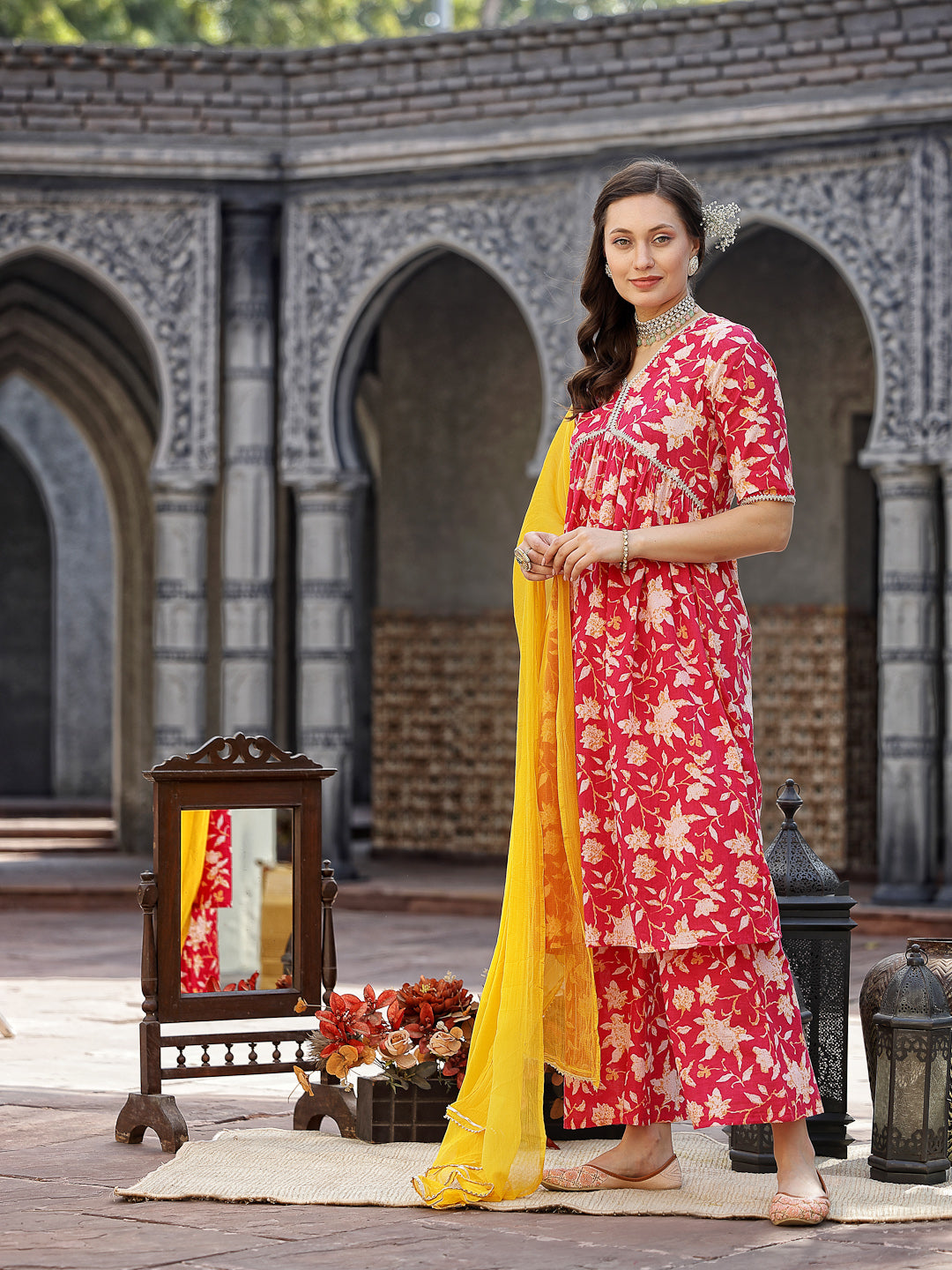 Floral Printed Cotton Pleated Kurta Palazzo Dupatta Set - Image 7