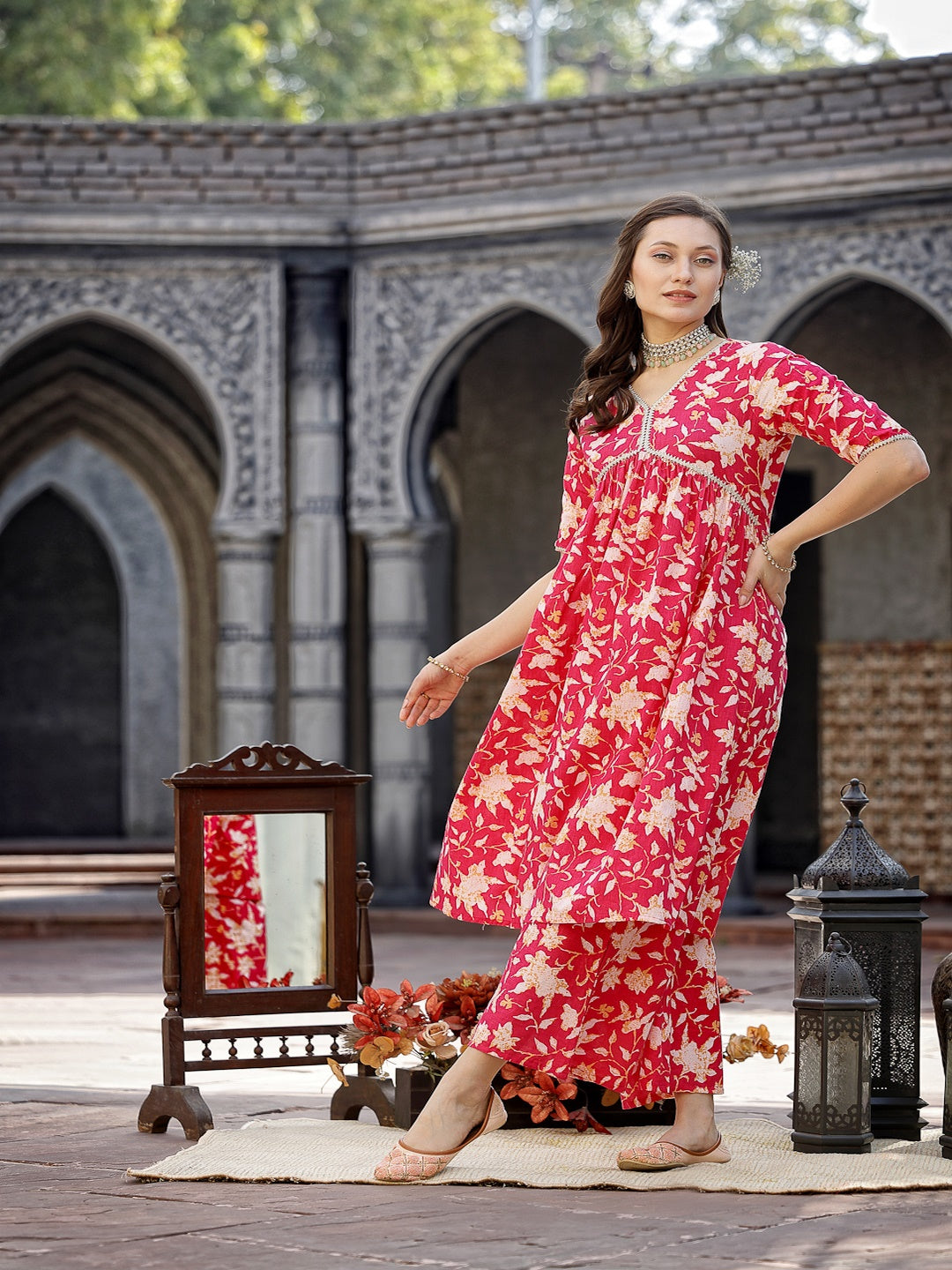 Floral Printed Cotton Pleated Kurta Palazzo Dupatta Set - Image 9