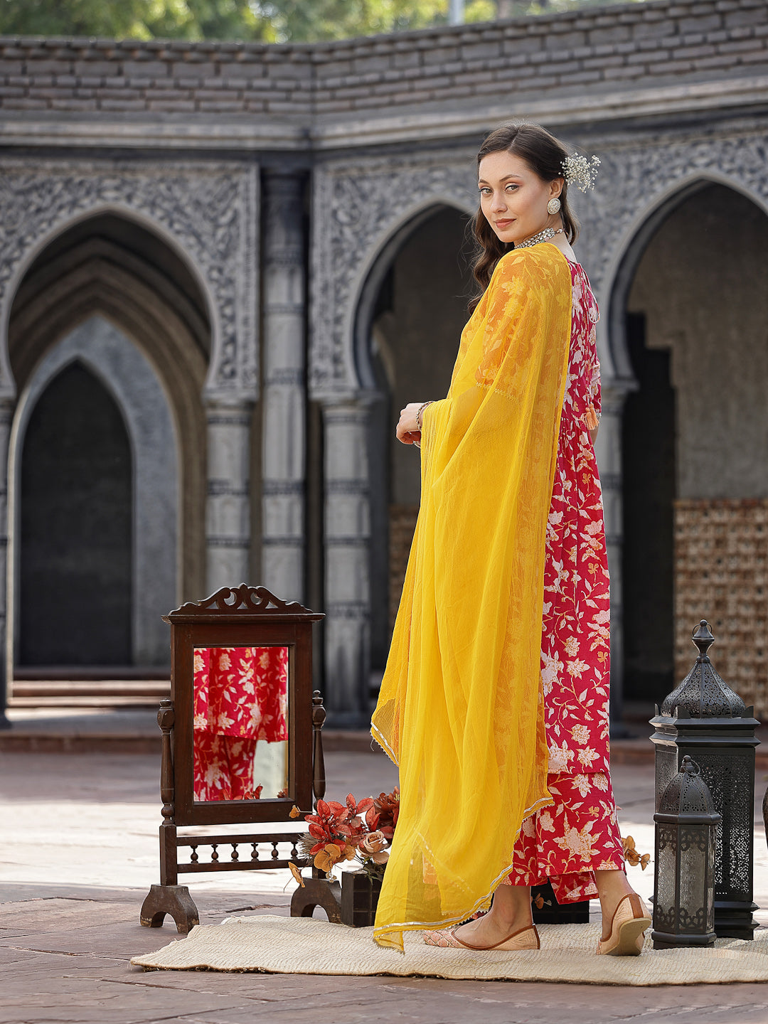 Floral Printed Cotton Pleated Kurta Palazzo Dupatta Set - Image 2