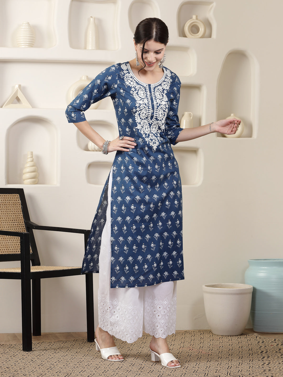 Indigo Blue Printed & Embroidered Cotton Straight Chicken Kurta - Image 3