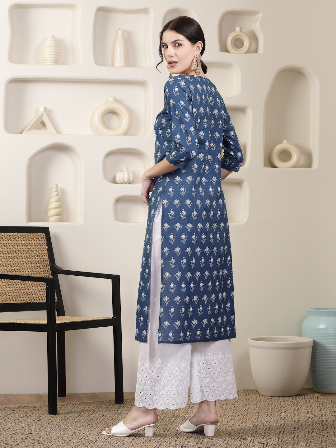 Indigo Blue Printed & Embroidered Cotton Straight Chicken Kurta - Image 4