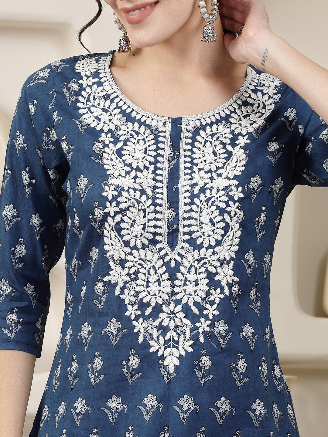 Indigo Blue Printed & Embroidered Cotton Straight Chicken Kurta - Image 5