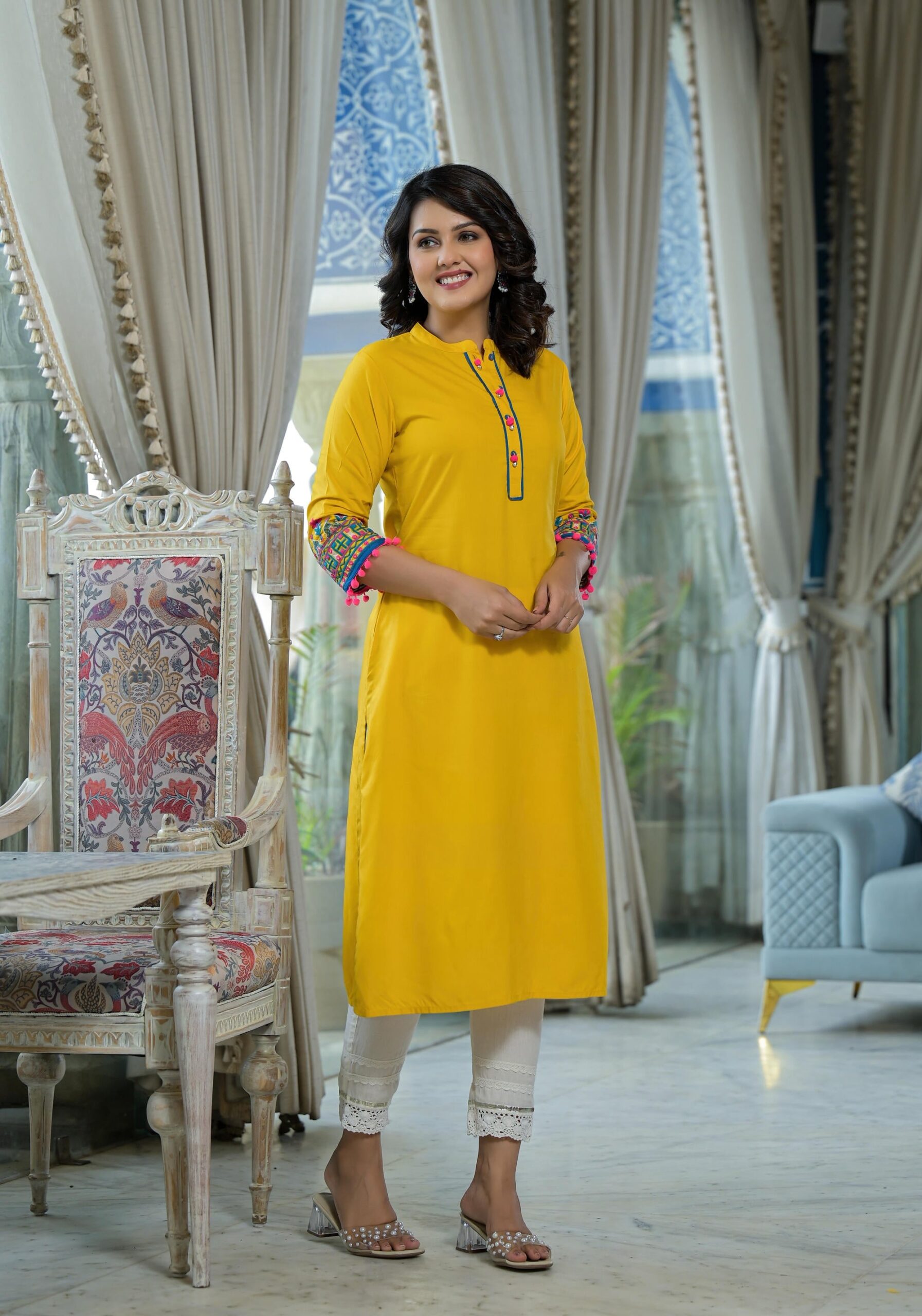 Mustard Thread Embroidered Liva Rayon Kurta With Sequins Beads & Mirror Work - Image 3