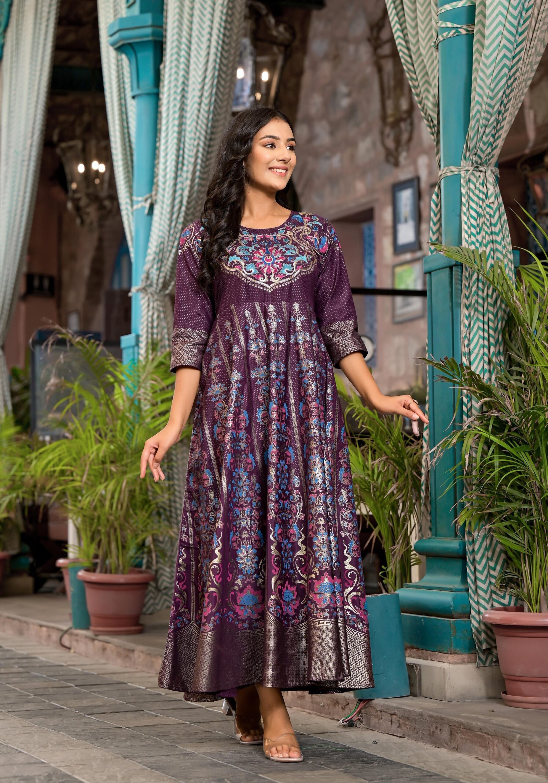 Plum Ethnic Motif Printed Santoon Dress With Thread & Zari Work - Image 4