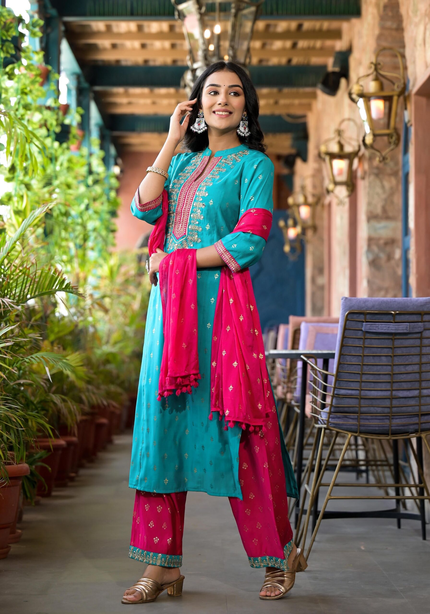 Turquoise Ethnic Motif Printed Liva Rayon Kurta Pant And Dupatta Set With Zari & Mirror Work - Image 2