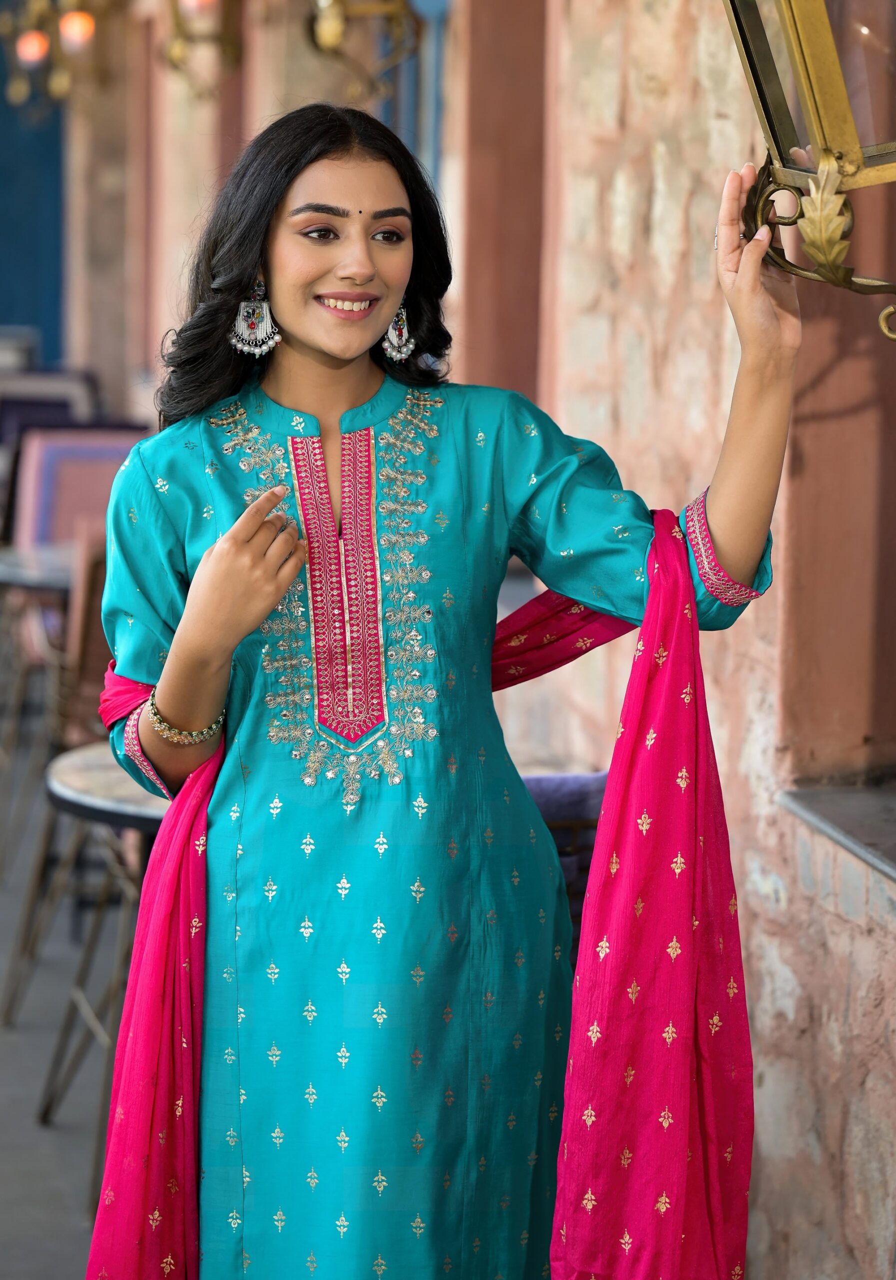 Turquoise Ethnic Motif Printed Liva Rayon Kurta Pant And Dupatta Set With Zari & Mirror Work - Image 3