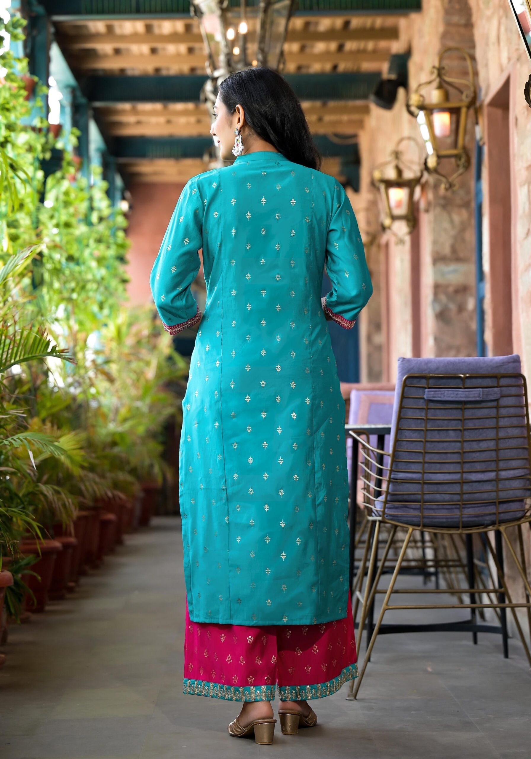 Turquoise Ethnic Motif Printed Liva Rayon Kurta Pant And Dupatta Set With Zari & Mirror Work - Image 4