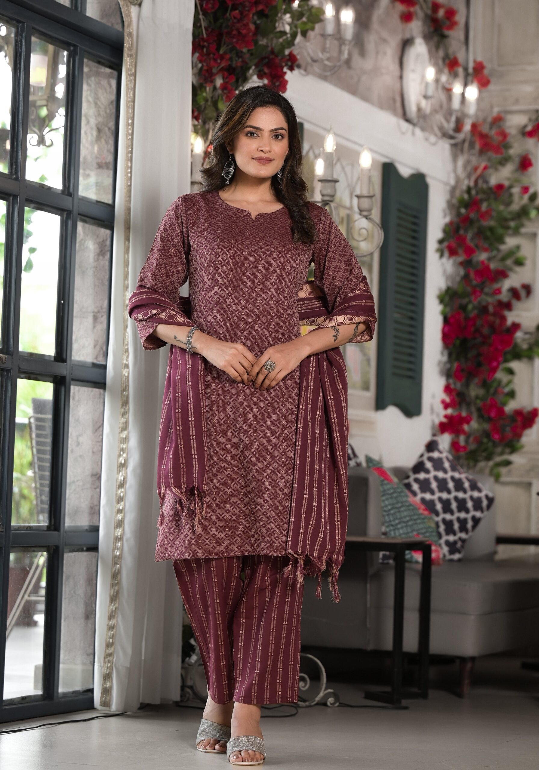 Plum Geometric Printed Cotton Kurta, Pant With Tassels On Dupatta - Image 3