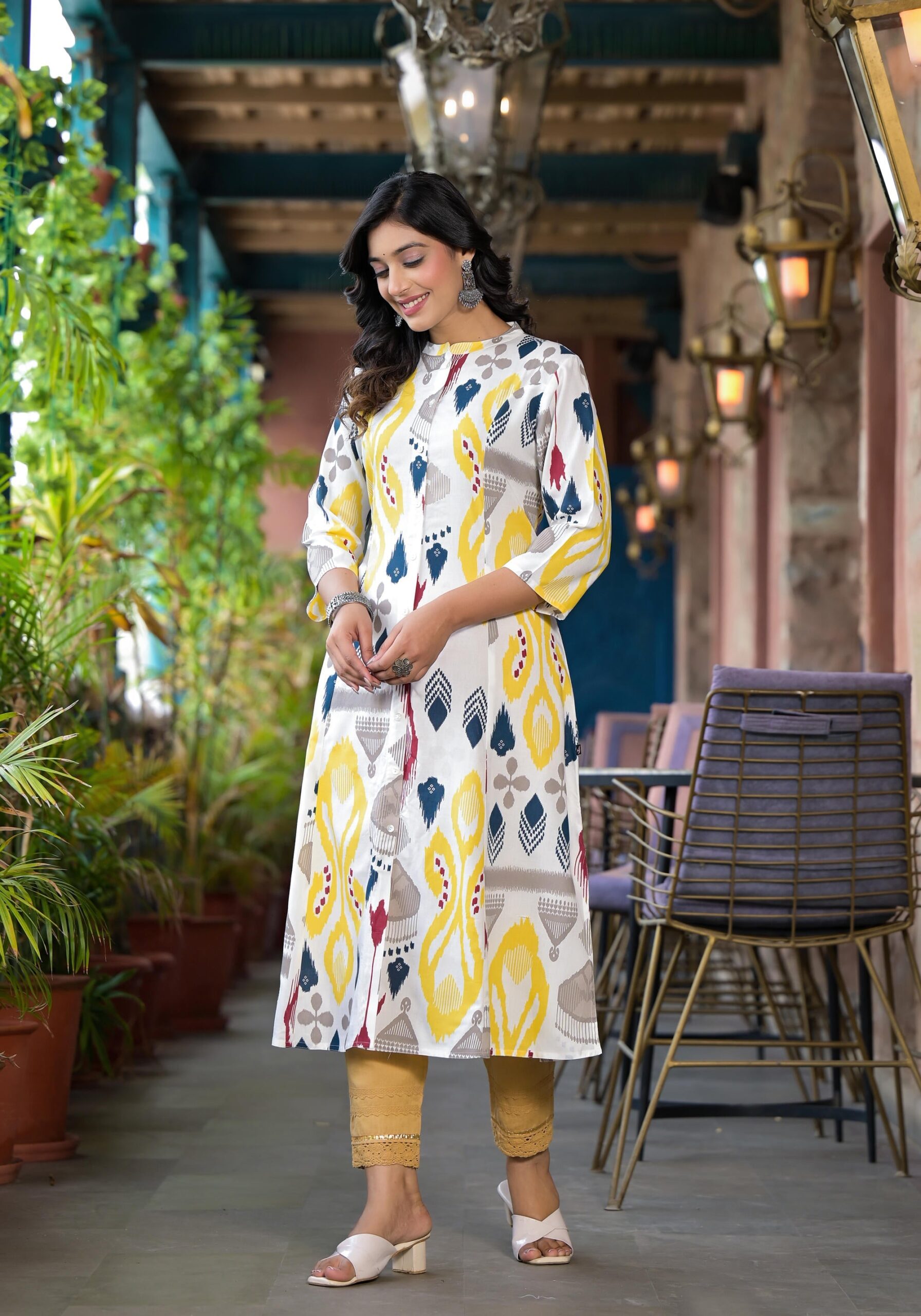 Yellow Ikat Printed Liva Rayon Women Kurta With Button Closure - Image 2